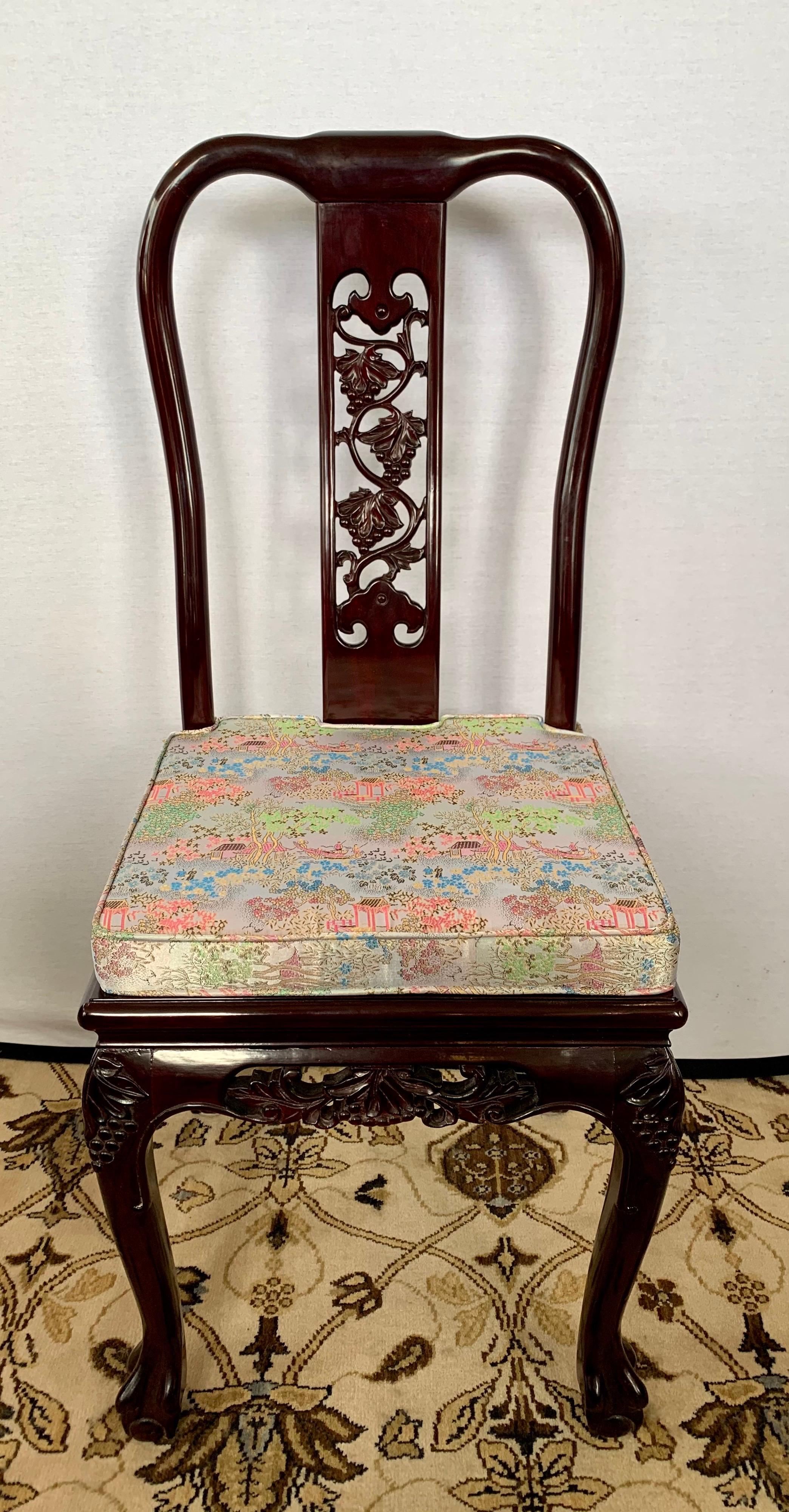 Chinoiserie Chinese Carved Rosewood Dining Set, Round Pedestal Table & Eight Matching Chairs