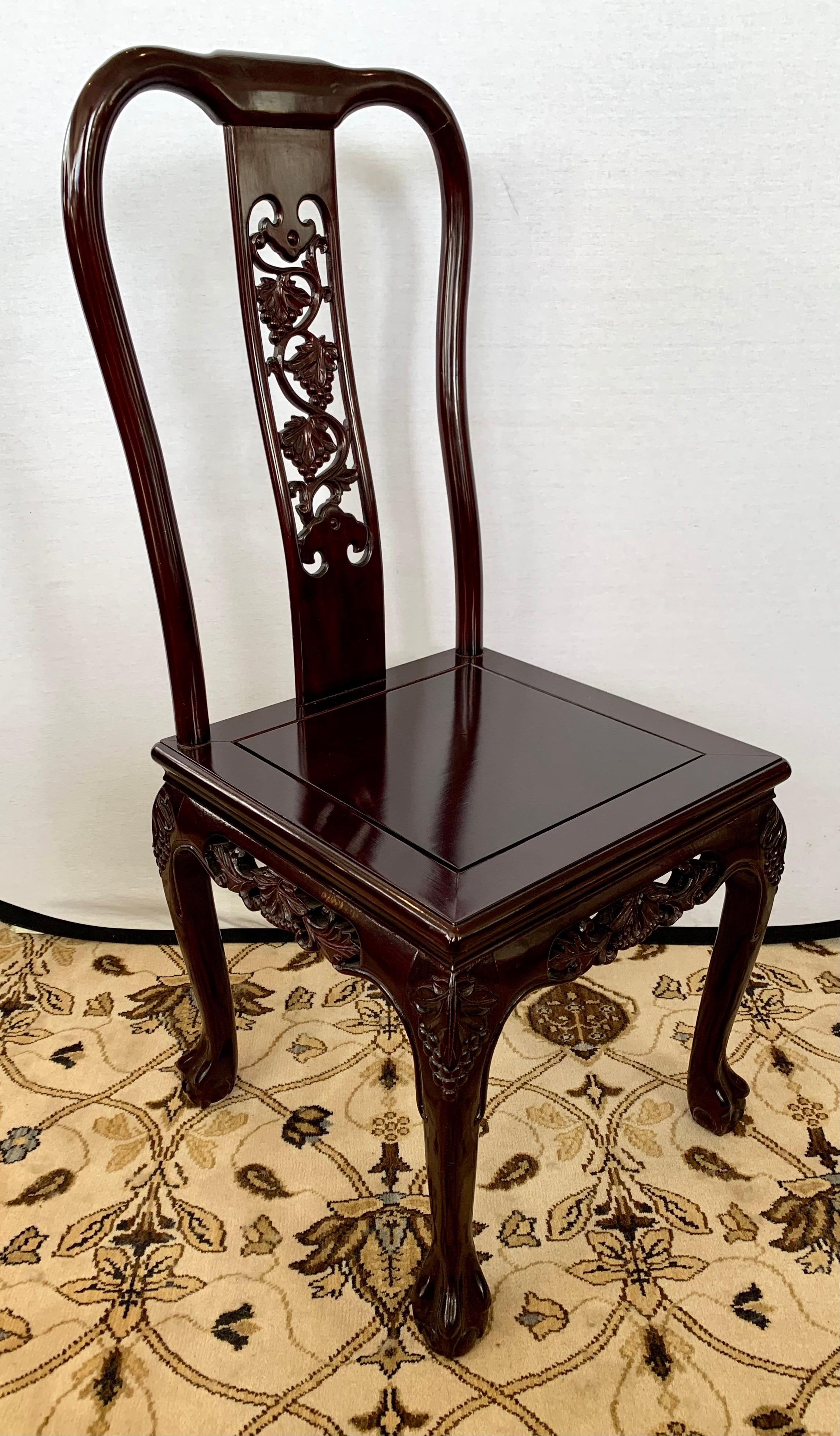 Silk Chinese Carved Rosewood Dining Set, Round Pedestal Table & Eight Matching Chairs