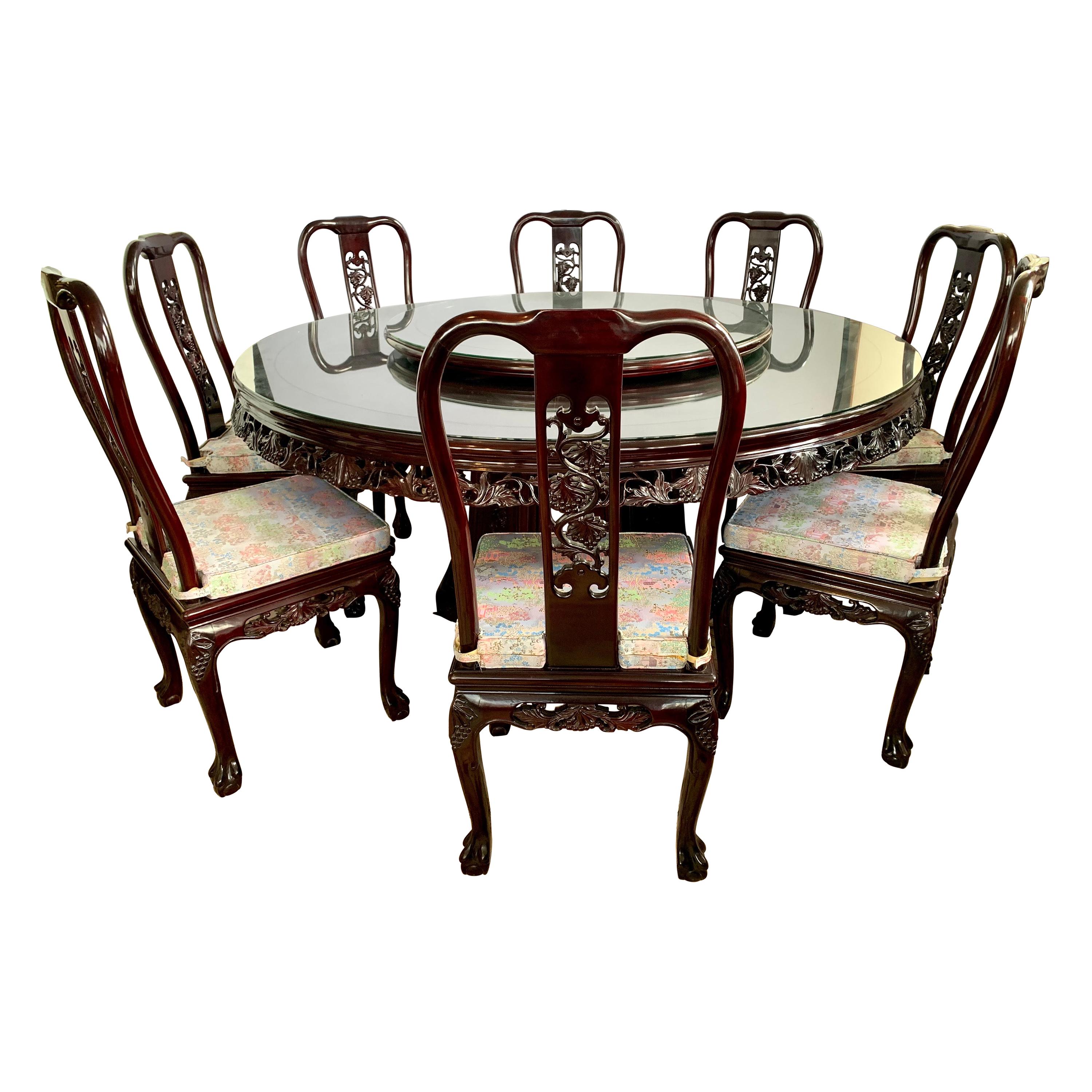 Chinese Carved Rosewood Dining Set, Round Pedestal Table & Eight Matching Chairs