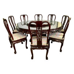 Vintage Chinese Carved Rosewood Dining Set, Round Pedestal Table & Eight Matching Chairs