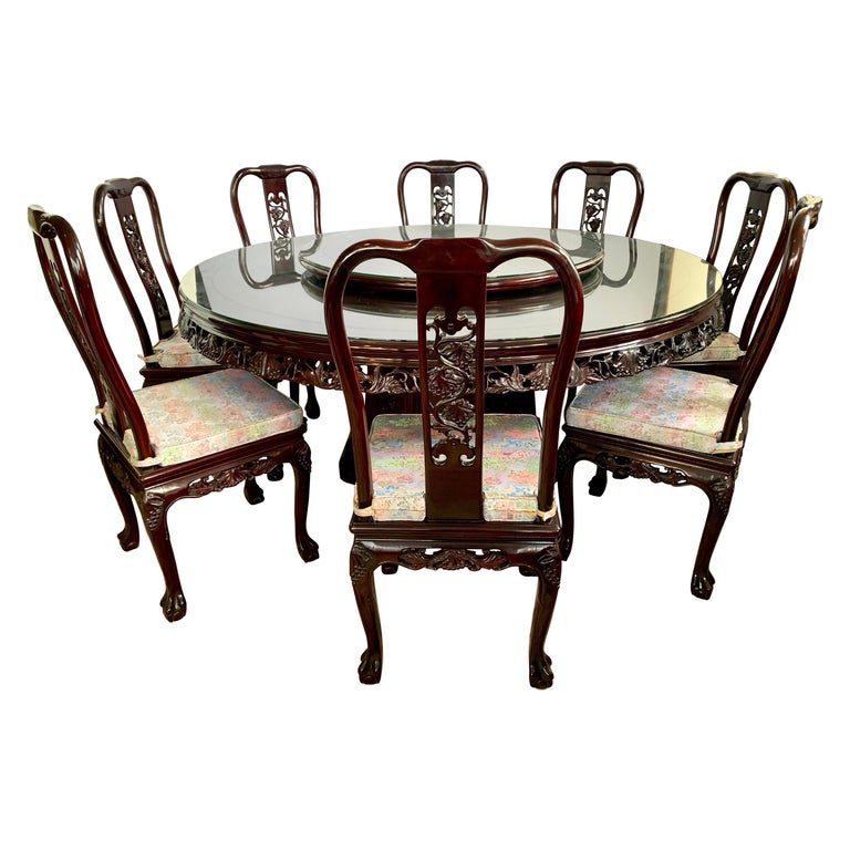Chinese Carved Rosewood Dining Set, Round Pedestal Table and Eight