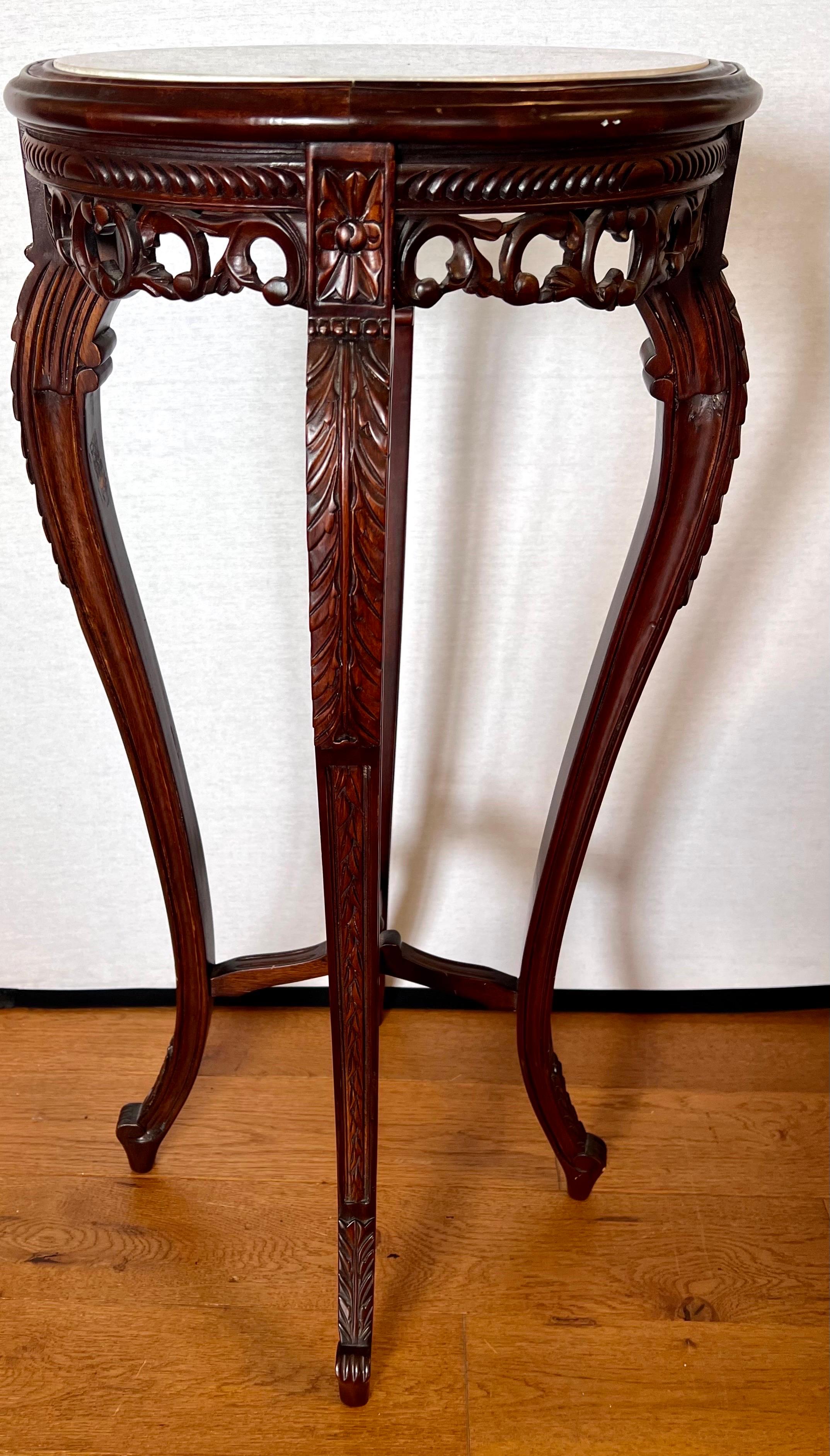 Chinese Carved Rosewood Marble Top Pedestal Table Stand In Good Condition For Sale In West Hartford, CT