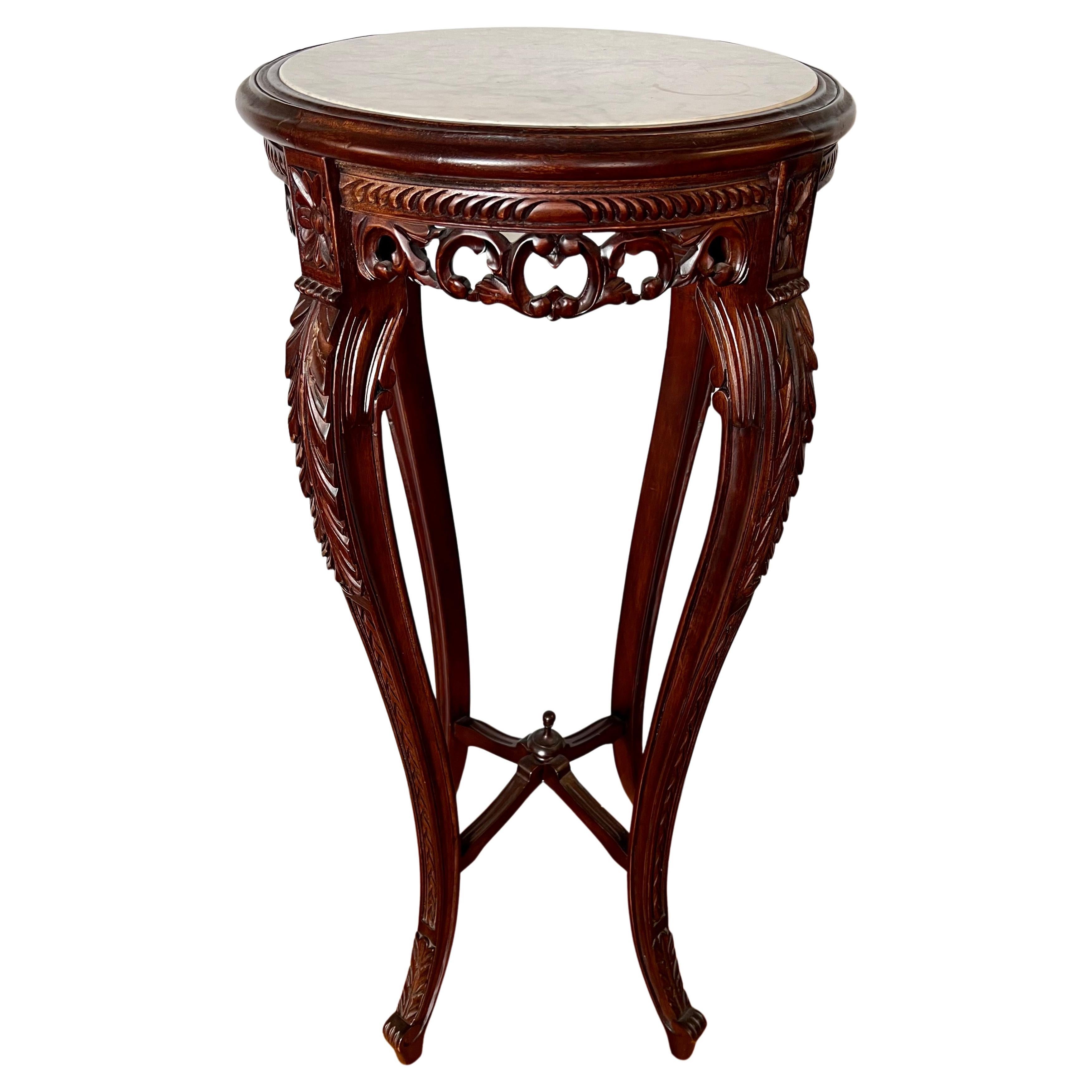 Chinese Carved Rosewood Marble Top Pedestal Table Stand For Sale