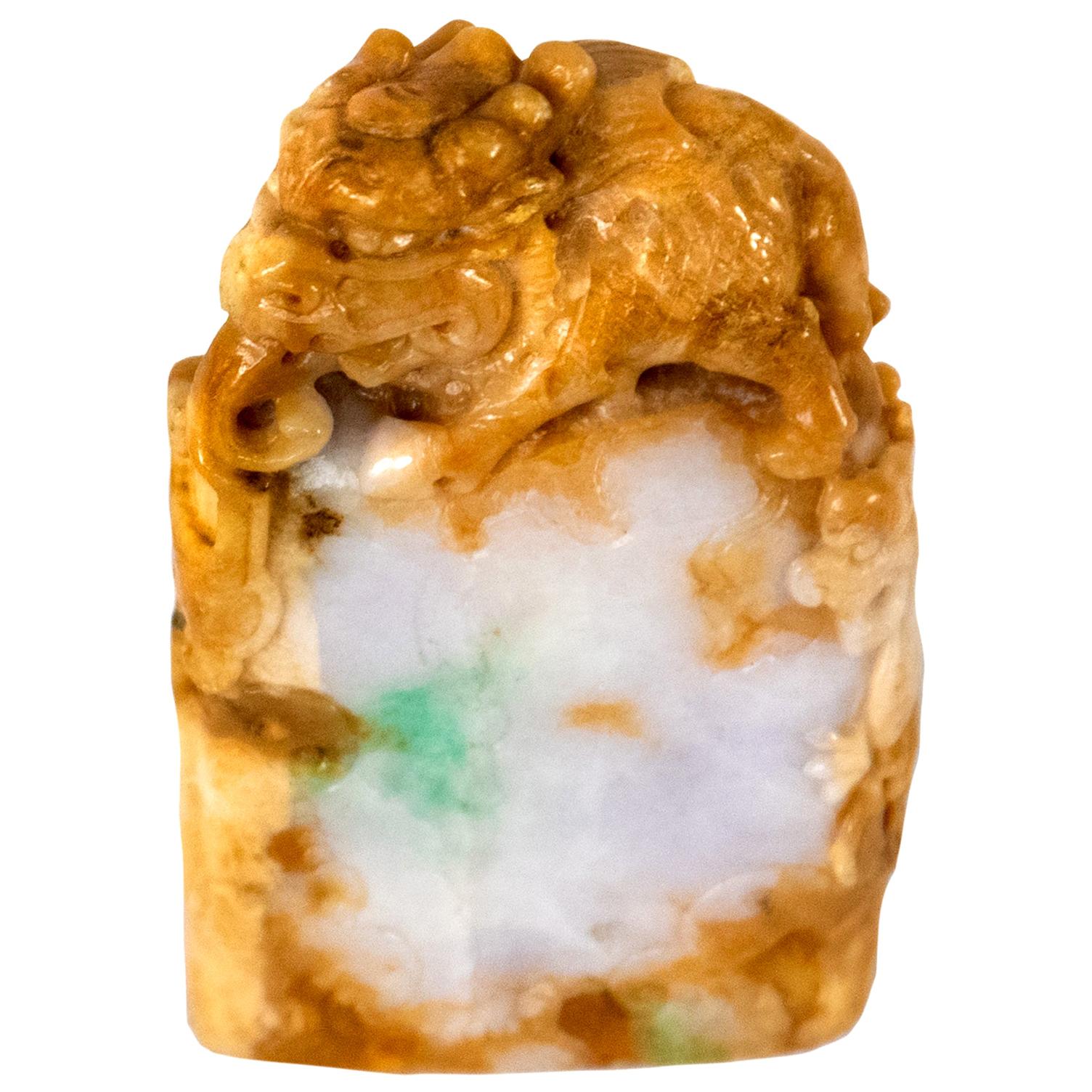 Chinese Carved Russet, White and Green Jade Beast Seal
