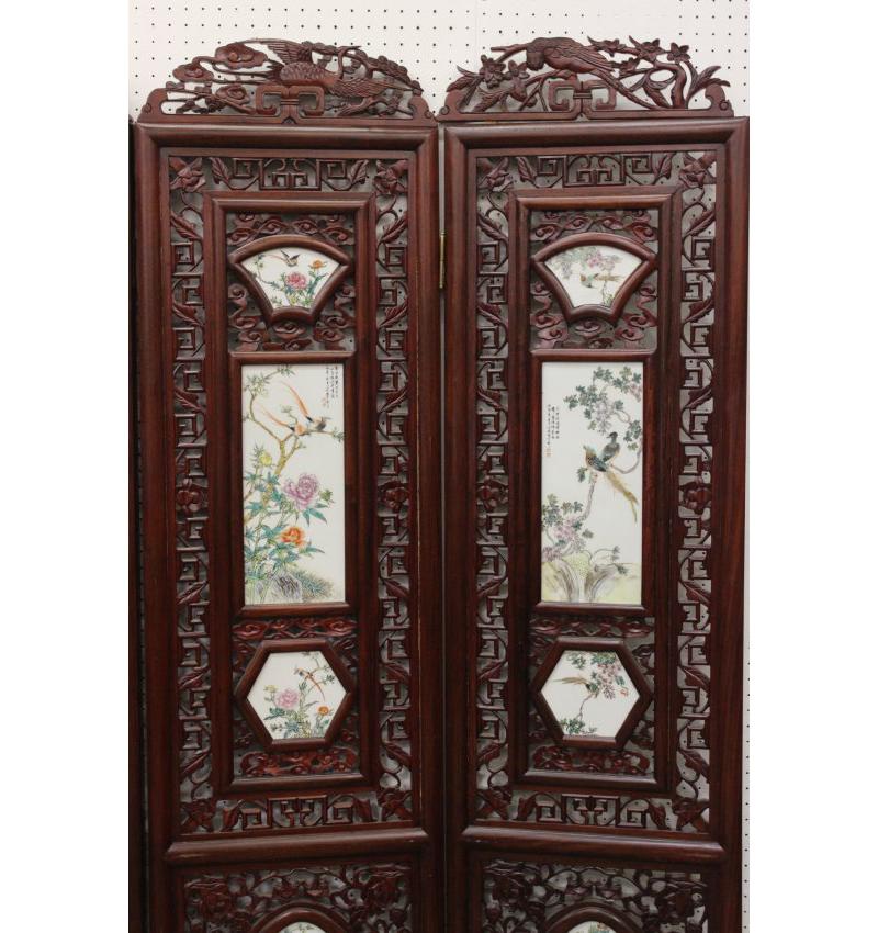 20th Century Chinese Carved Screen with Porcelain Plaques