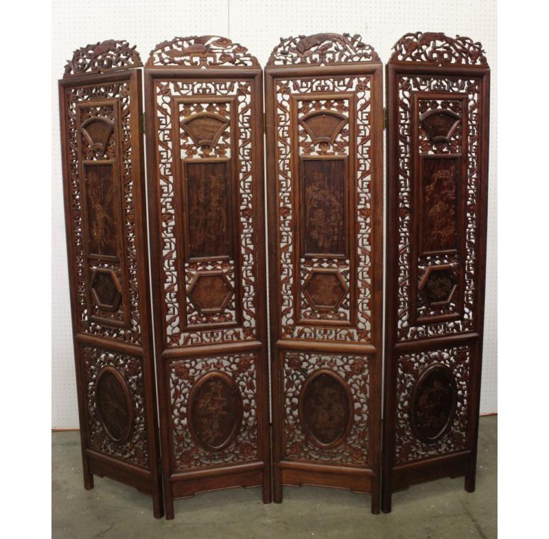 Chinese Carved Screen with Porcelain Plaques 4