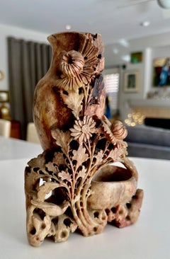 Chinese Carved Shoushon Soapstone Floral Double Vase Sculpture
