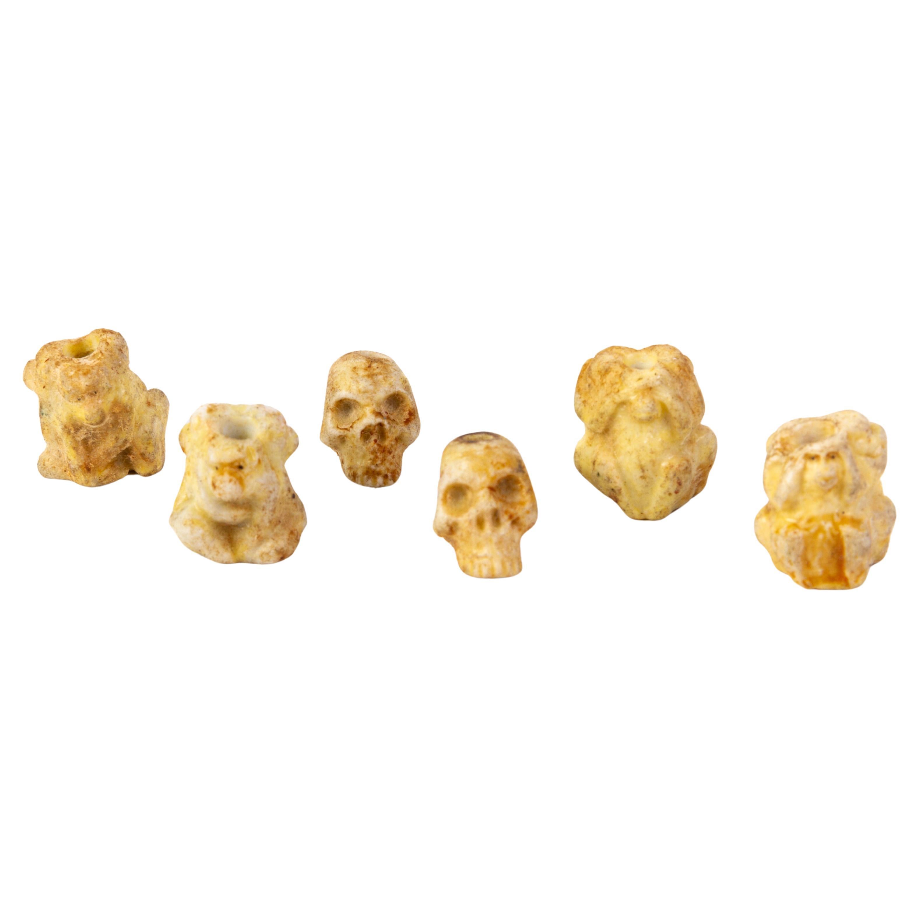 Chinese Carved Skull & Monkey Netsuke Ojime Beads (x6) For Sale