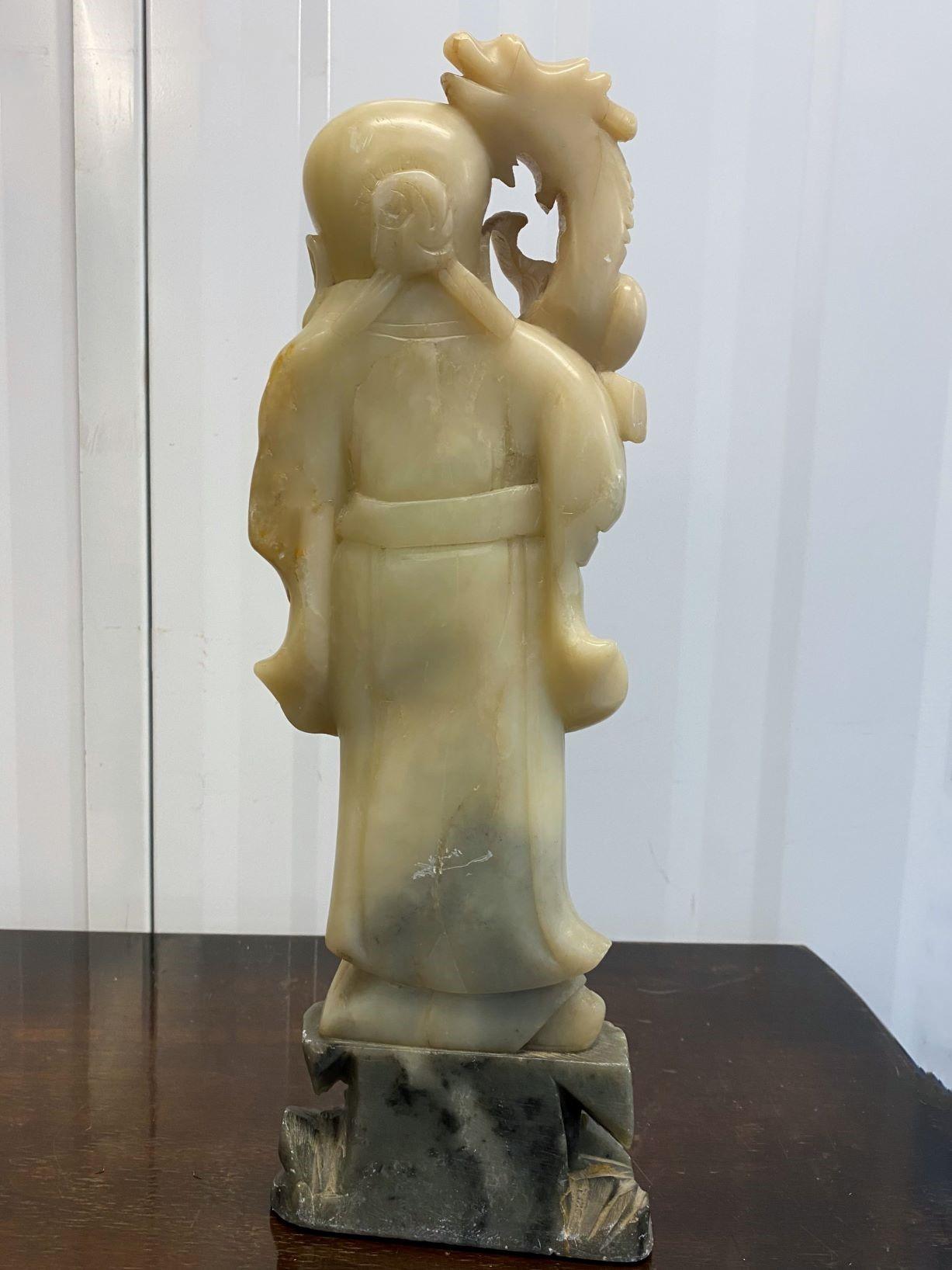 Chinese Carved Soap Stone Sculpture of a Wise Ancient with Dragon For Sale 1