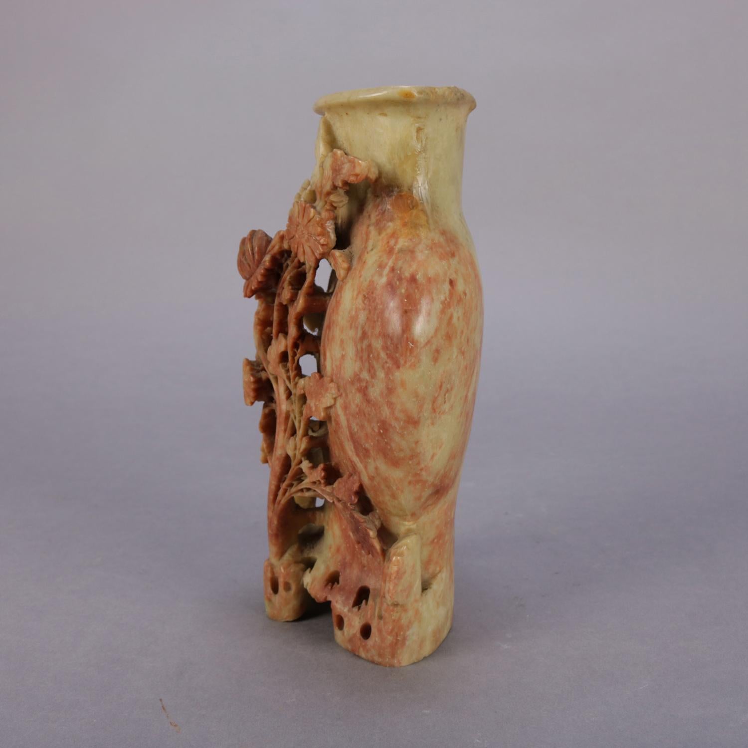 Hand-Carved Chinese Carved Soapstone Floral Decorated Sculptural Vase, 20th Century