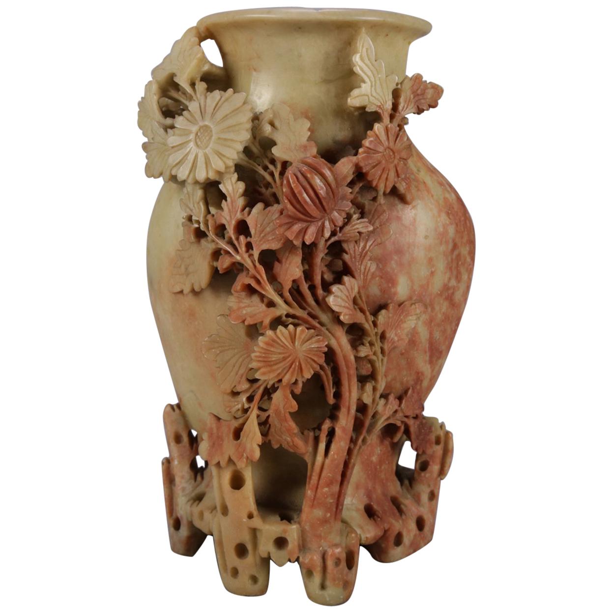 Chinese Carved Soapstone Floral Decorated Sculptural Vase, 20th Century