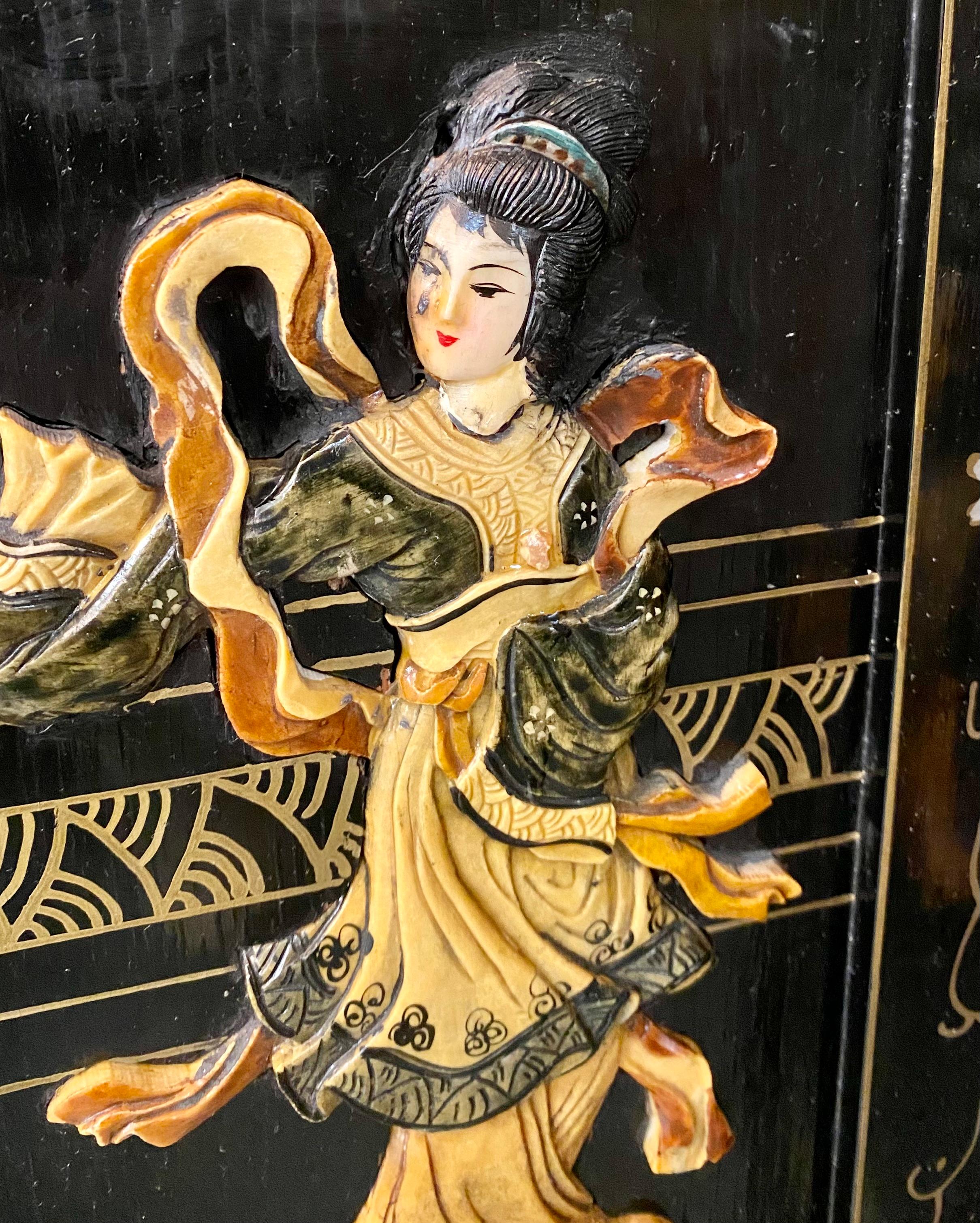 Chinesische geschnitzte Seifenstein-Geisha-Mädchen mit 4 Tafeln, klappbarer Wandteppich  7