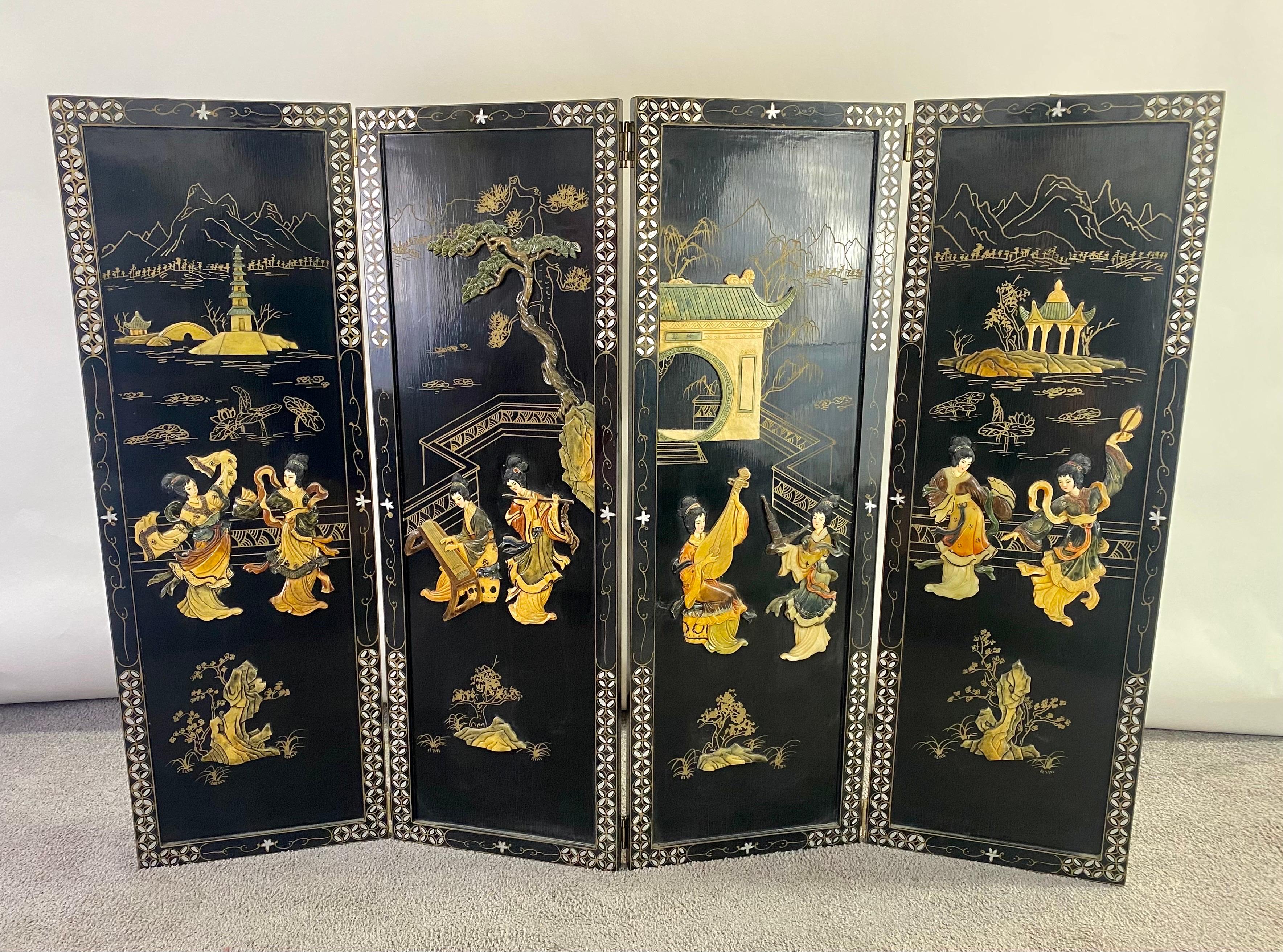 Chinese Carved Soapstone Geisha Girls 4 Panel Folding Wall Panel or Screen 2