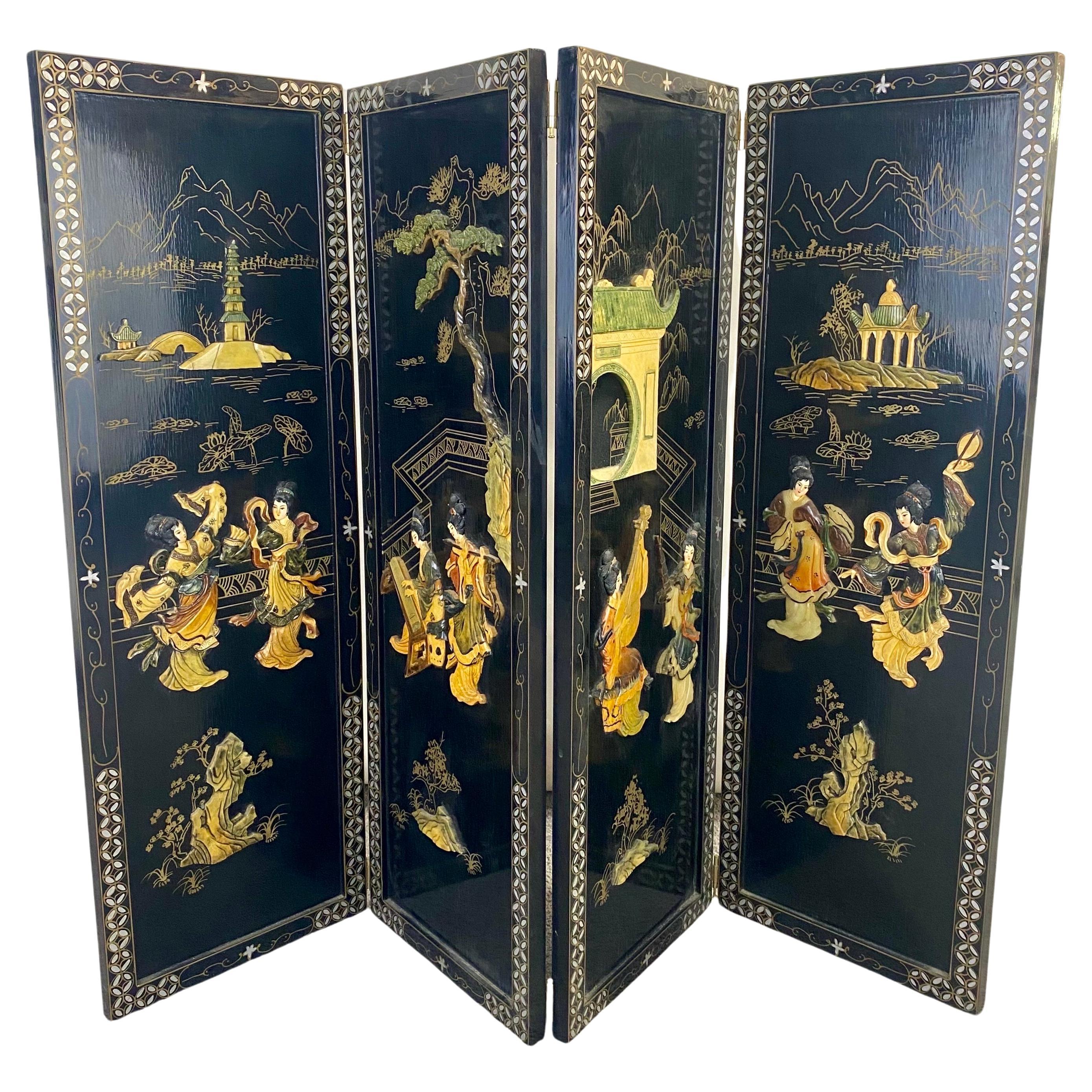 Chinese Carved Soapstone Geisha Girls 4 Panel Folding Wall Panel or Screen  For Sale