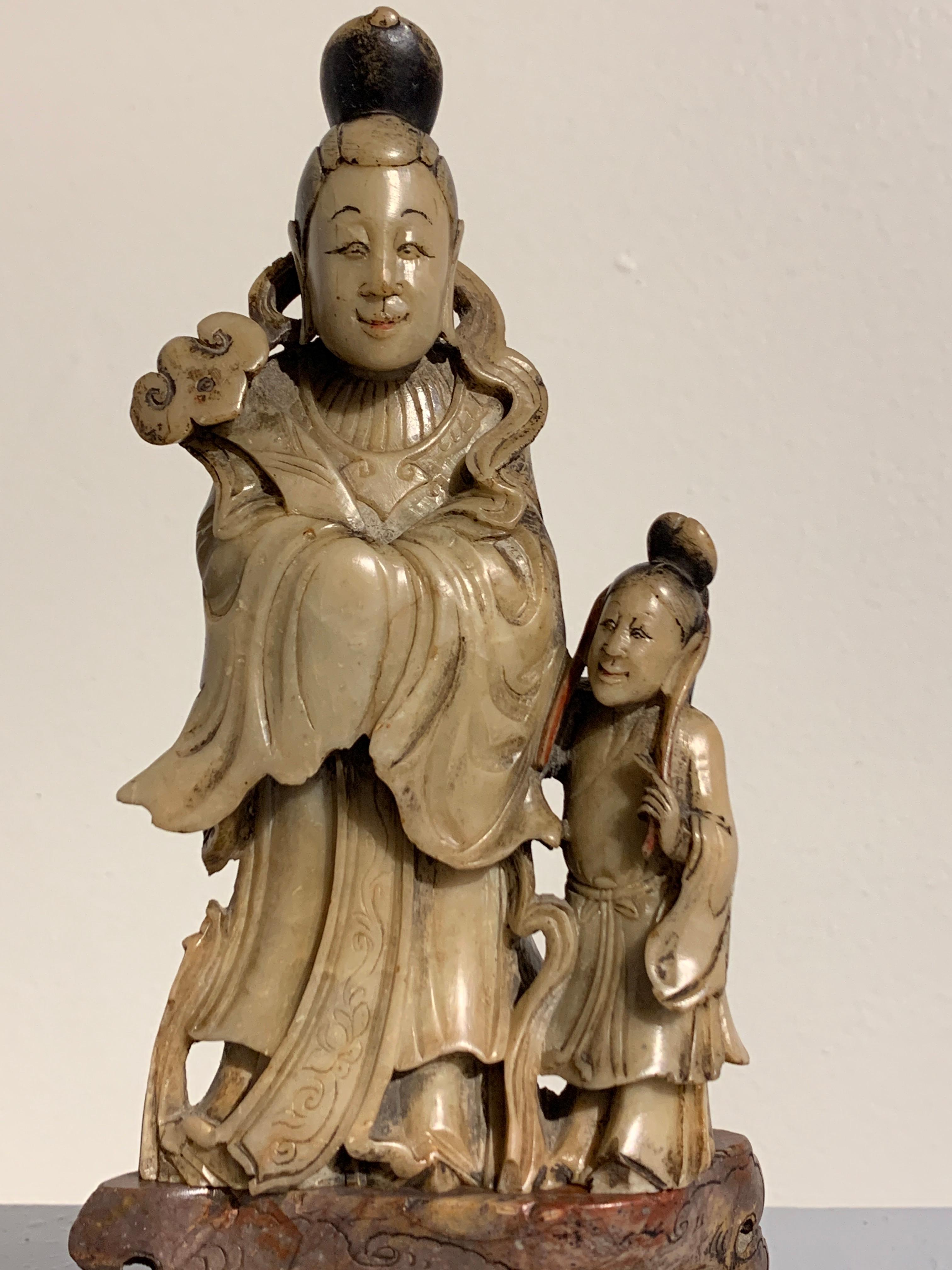 Hand-Carved Chinese Carved Soapstone Immortal and Attendant, Qing Dynasty, 19th Century