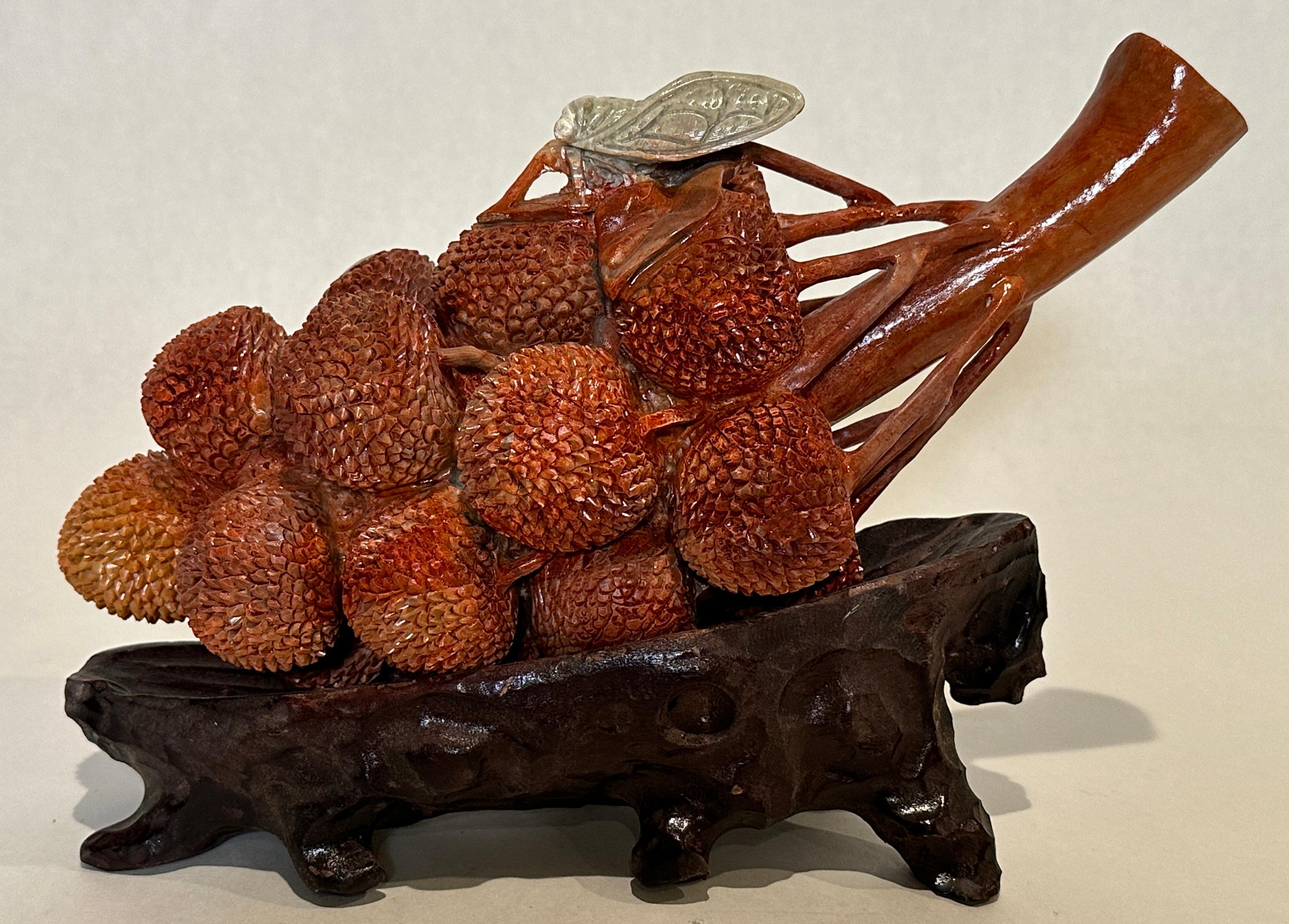 Hand-Carved Chinese Carved Soapstone Lychee Fruit Branch For Sale
