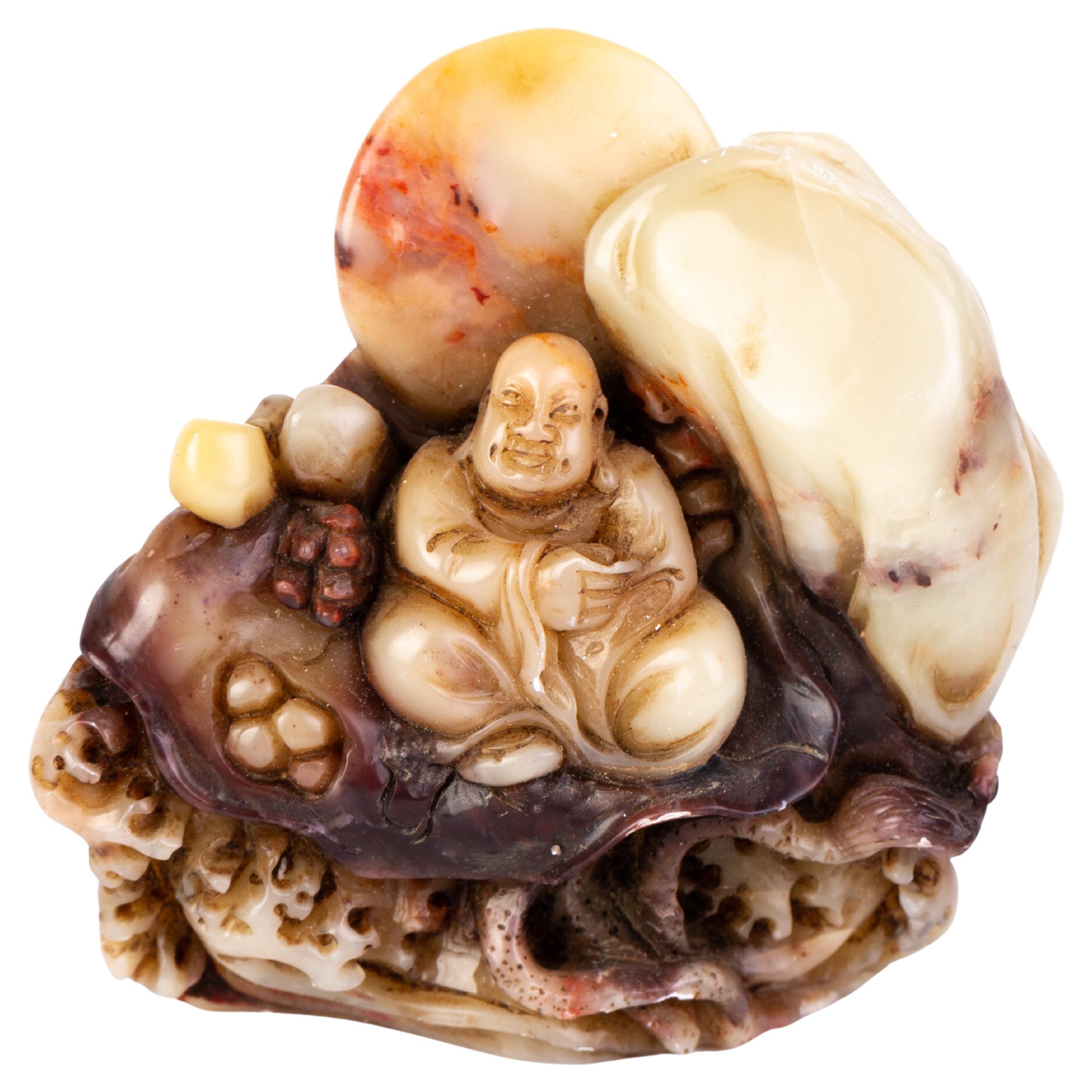 Chinese Carved Soapstone Signed Buddha Desk Seal Sculpture 19th Century Qing For Sale