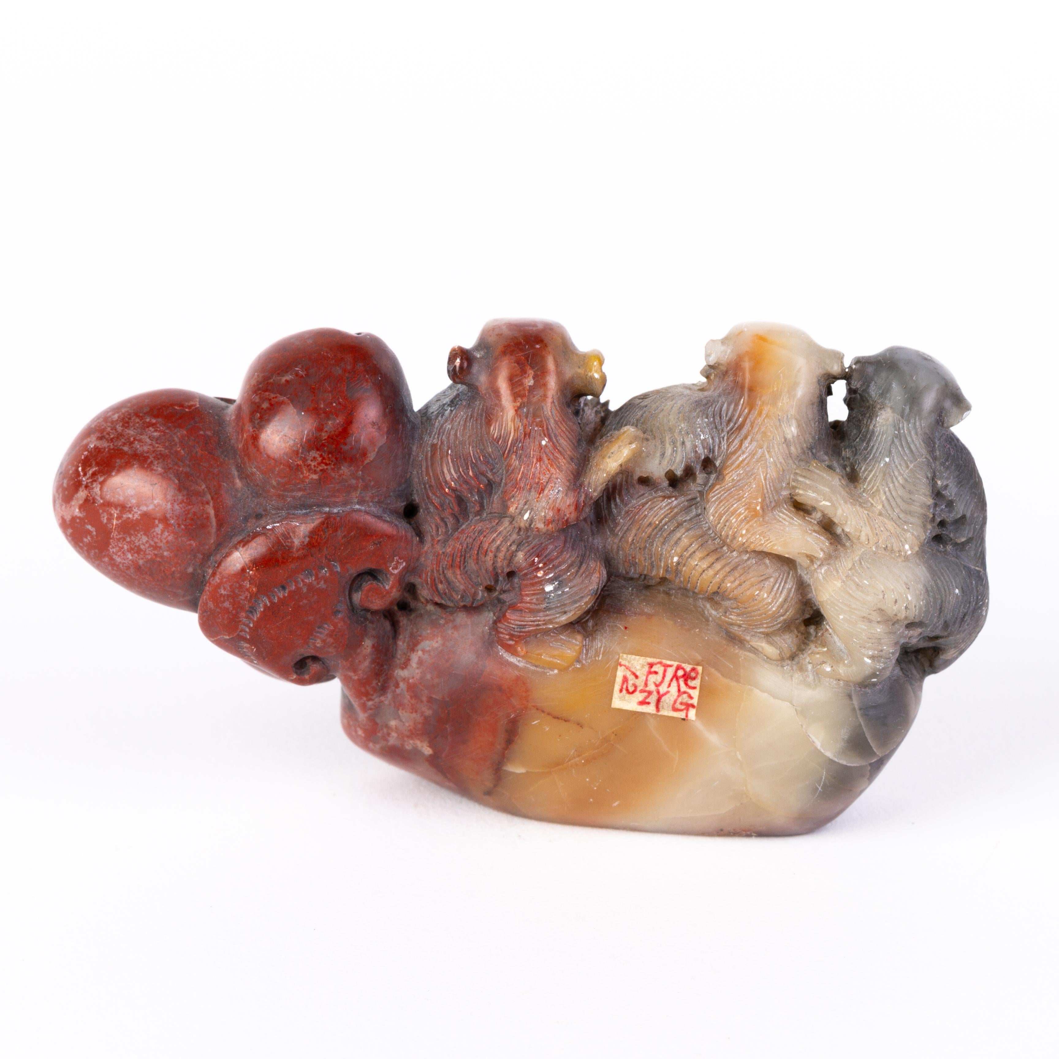 Hand-Carved Chinese Carved Soapstone Signed Monkeys Desk Seal Sculpture 19th Century Qing For Sale