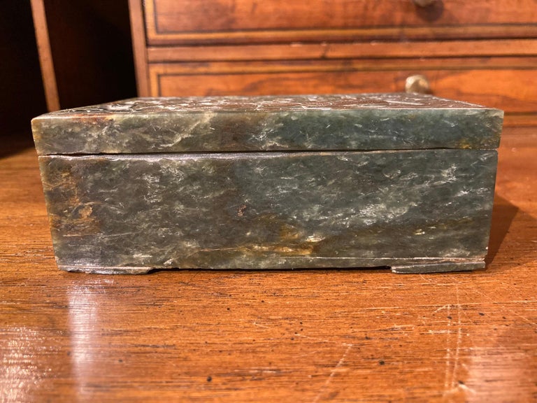 Chinese Carved Spinach Jade Box, Cat Chasing Butterfly at 1stDibs