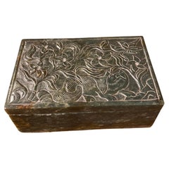 Chinese Carved Spinach Jade Box, Cat Chasing Butterfly