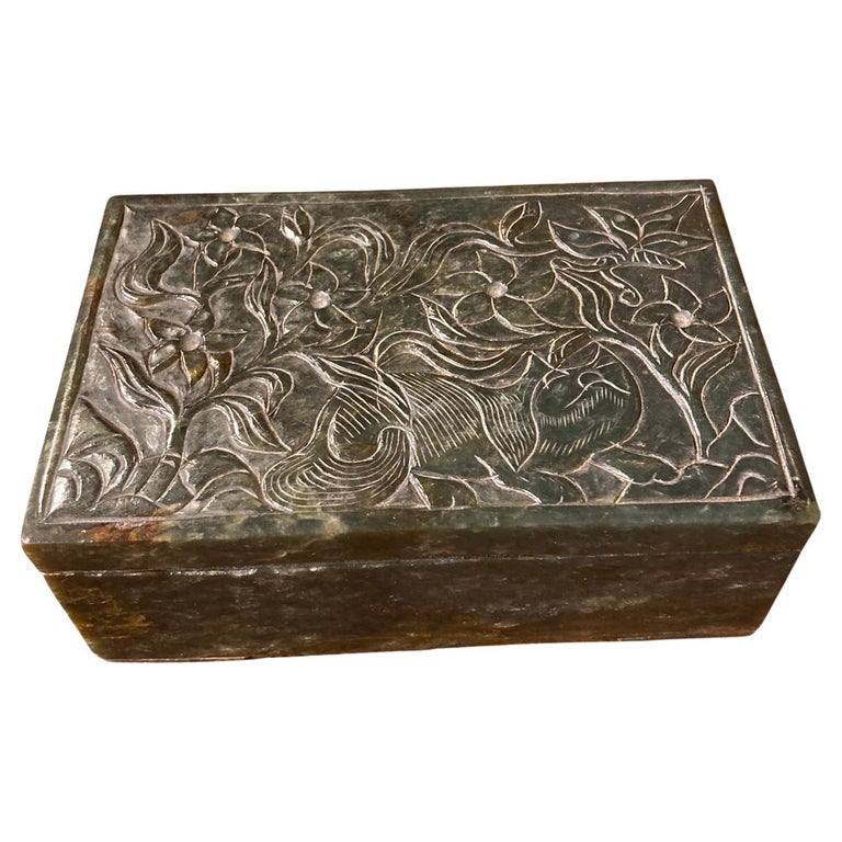 Chinese Carved Spinach Jade Box, Cat Chasing Butterfly at 1stDibs