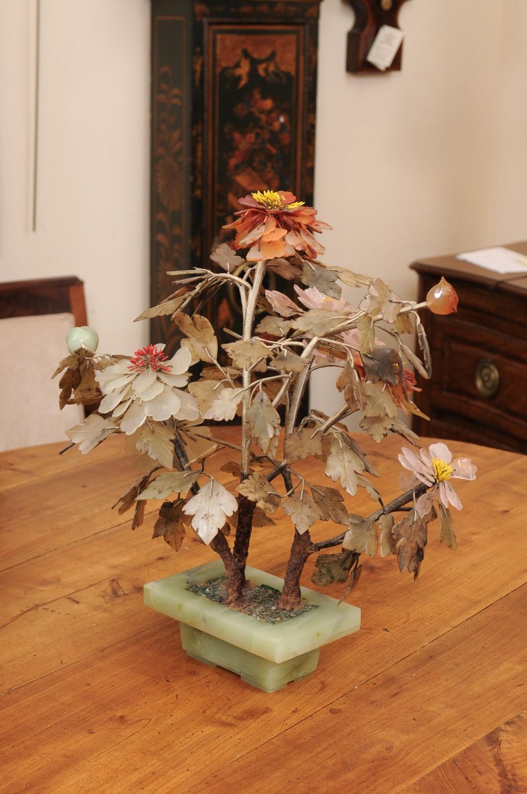 Chinese Carved Stone Bonsai Tree with Jade & Rose Quartz, 20th Century 8