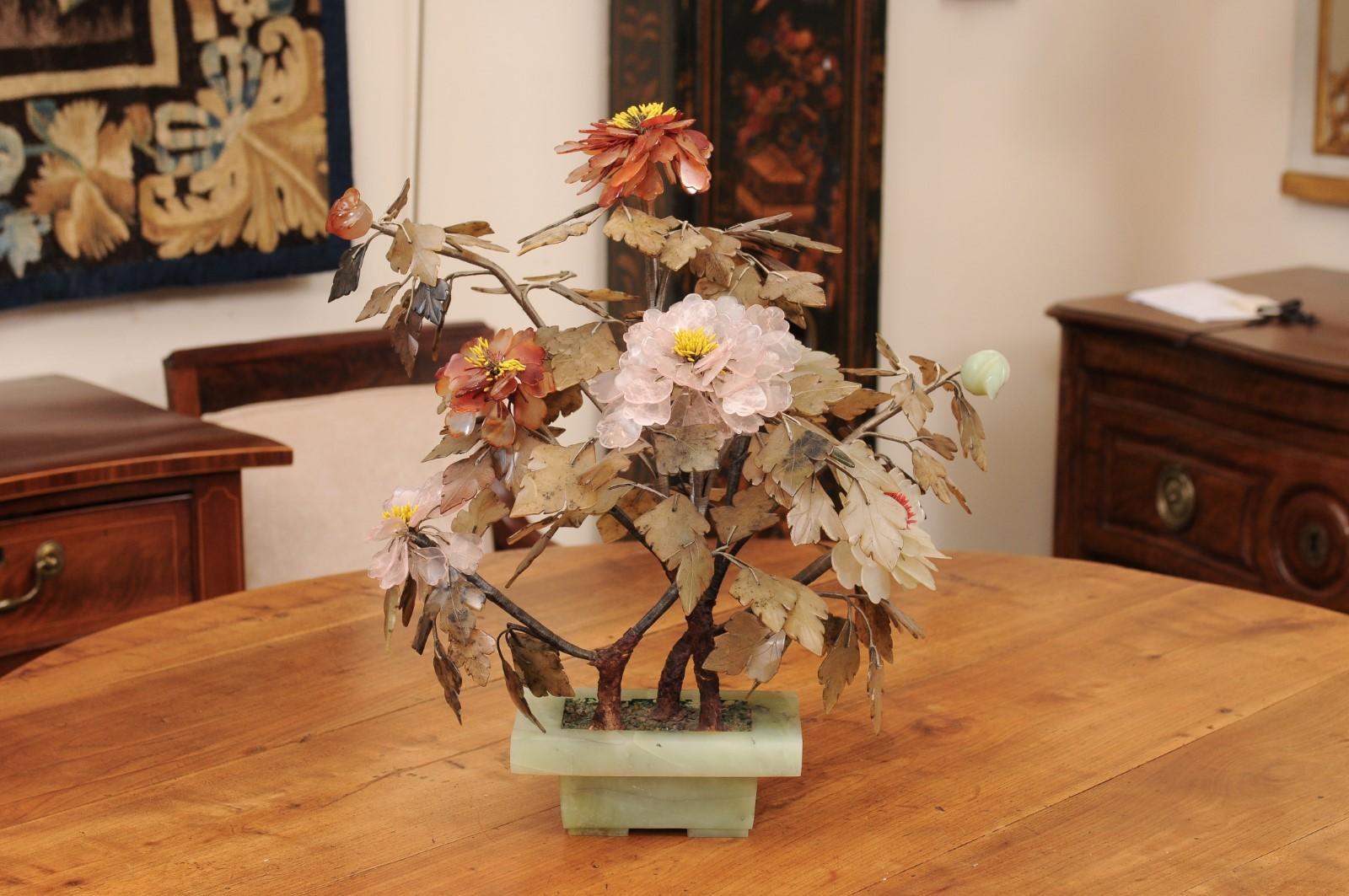 Chinese Carved Stone Bonsai Tree with Jade & Rose Quartz, 20th Century In Fair Condition In Atlanta, GA