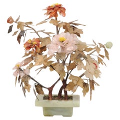 Chinese Carved Stone Bonsai Tree with Jade & Rose Quartz, 20th Century
