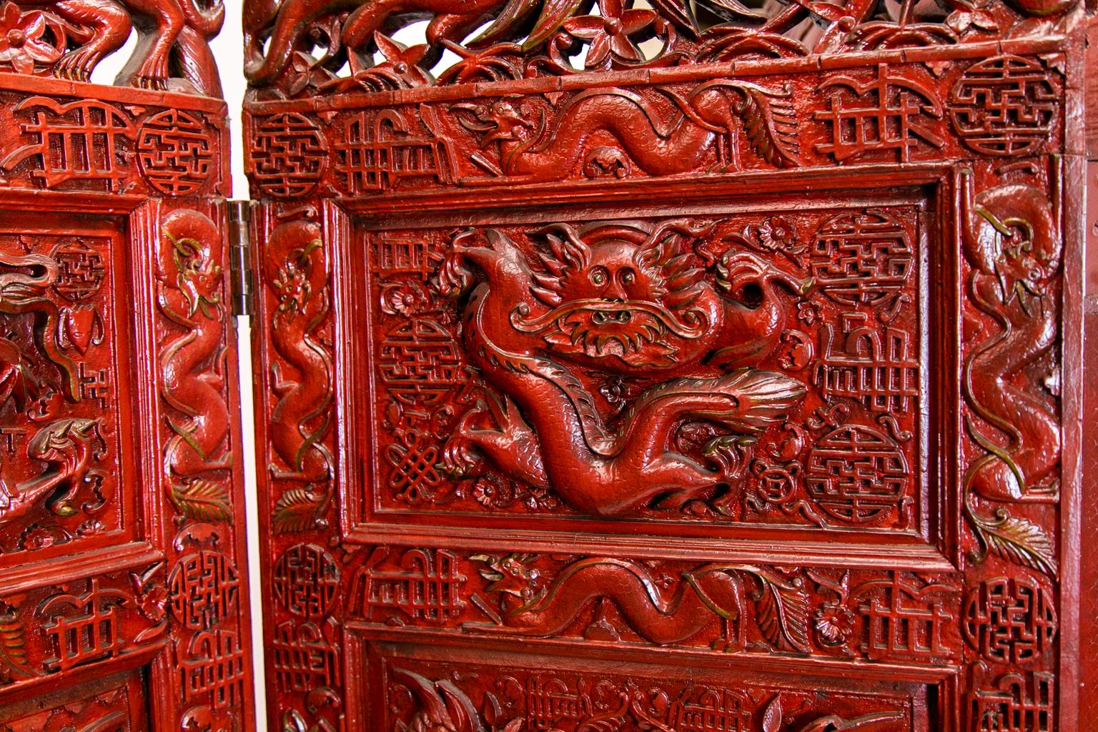 Chinese Carved Teakwood Red Lacquered Four Panel Screen 2