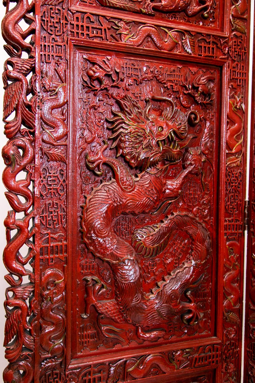 Chinese Carved Teakwood Red Lacquered Four Panel Screen 3