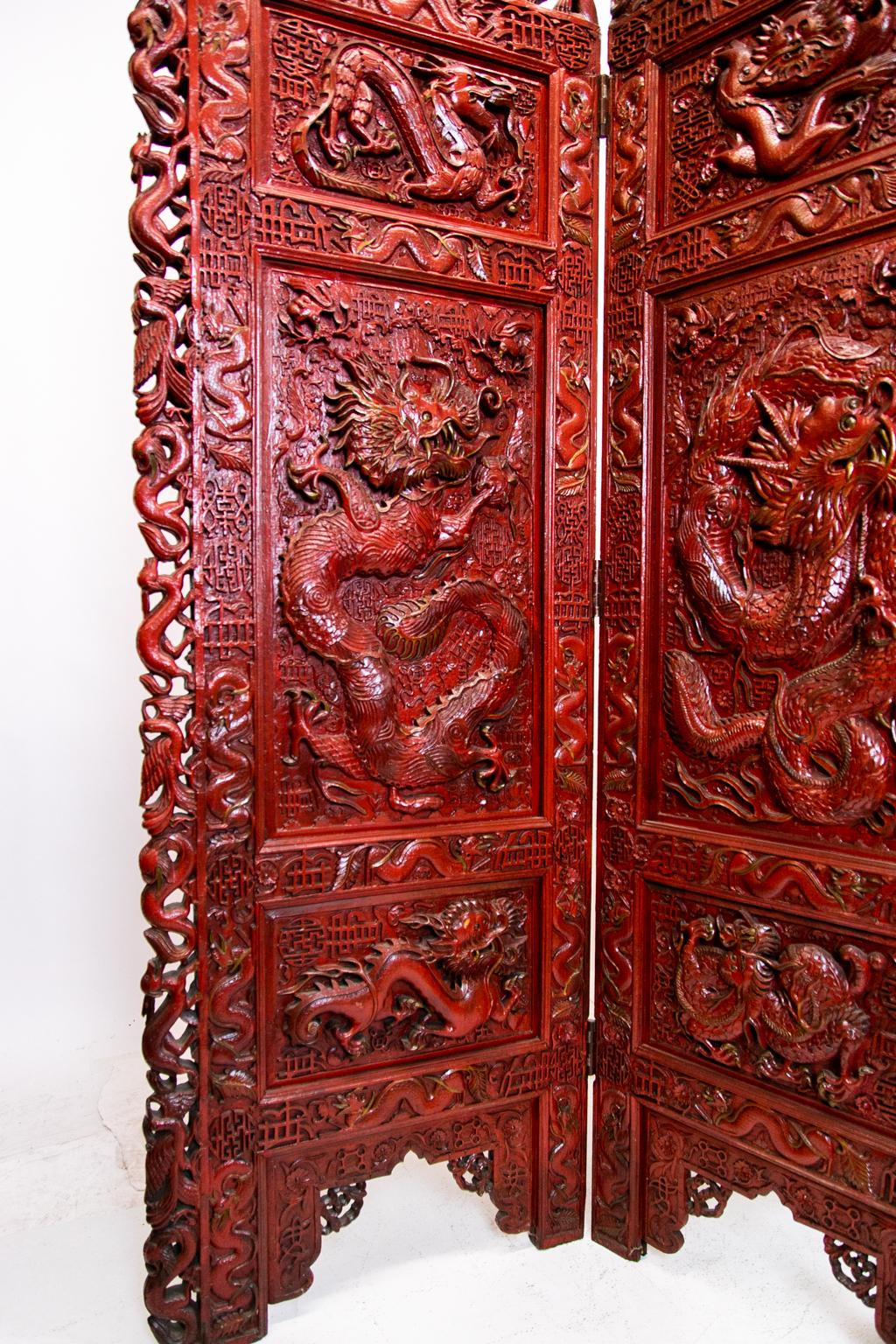 Chinese Carved Teakwood Red Lacquered Four Panel Screen 4