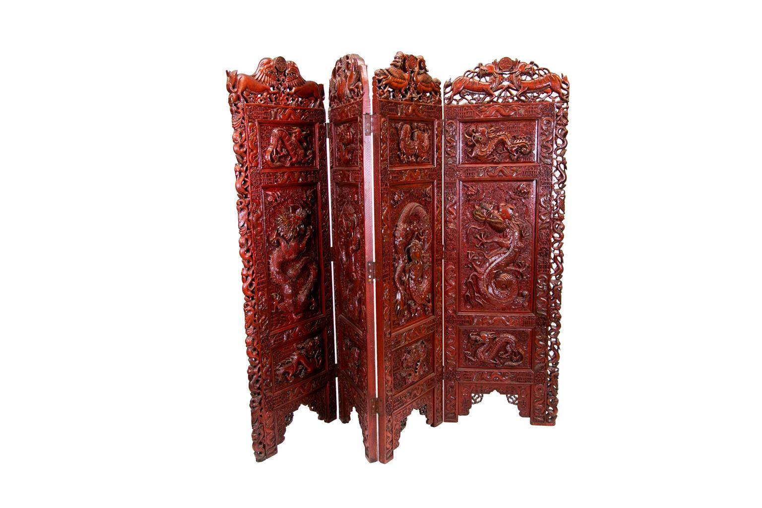 Chinese Carved Teakwood Red Lacquered Four Panel Screen 5