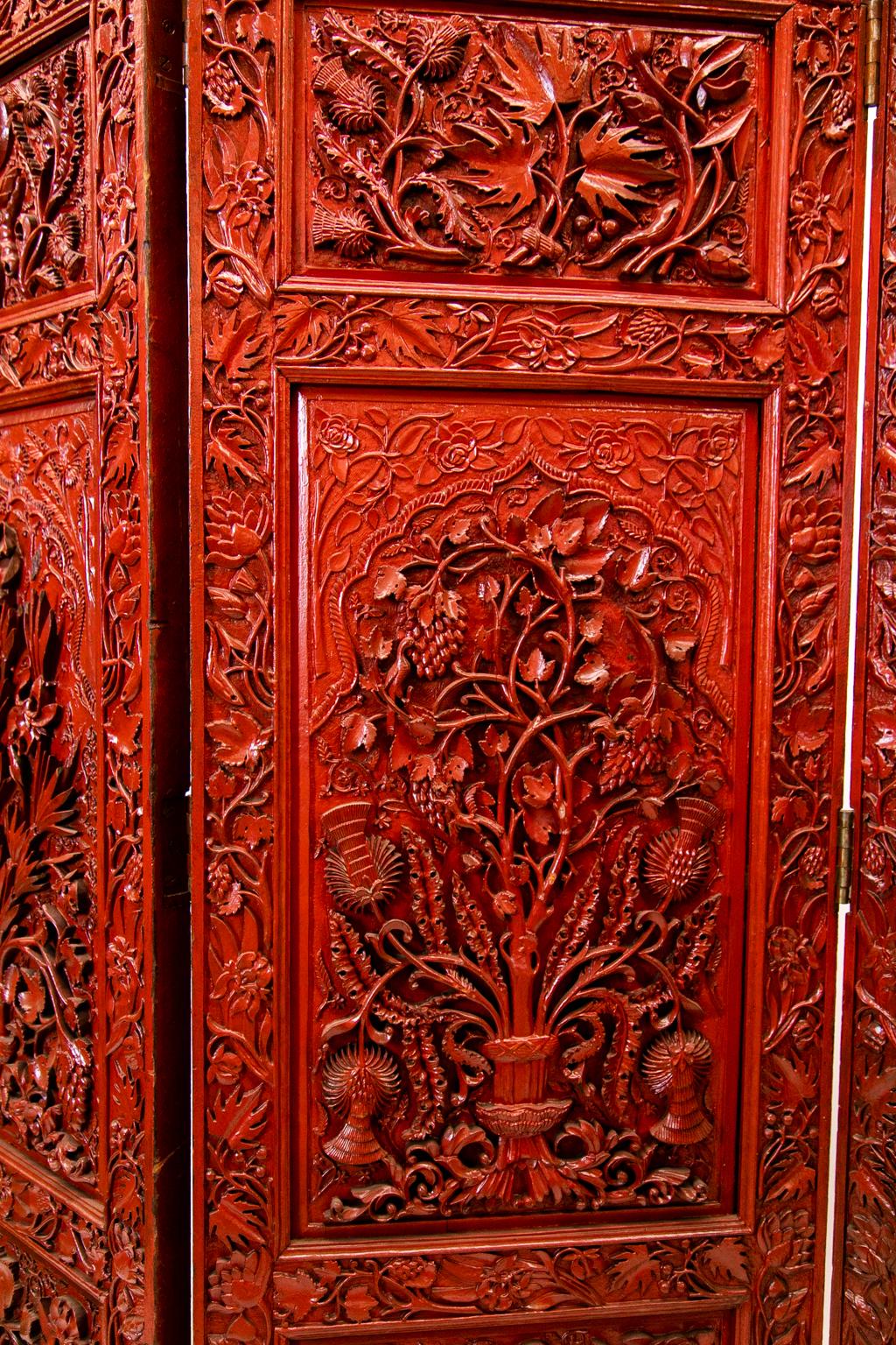 Chinese Carved Teakwood Red Lacquered Four Panel Screen 6