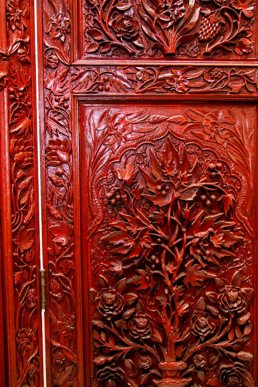Chinese Carved Teakwood Red Lacquered Four Panel Screen 7