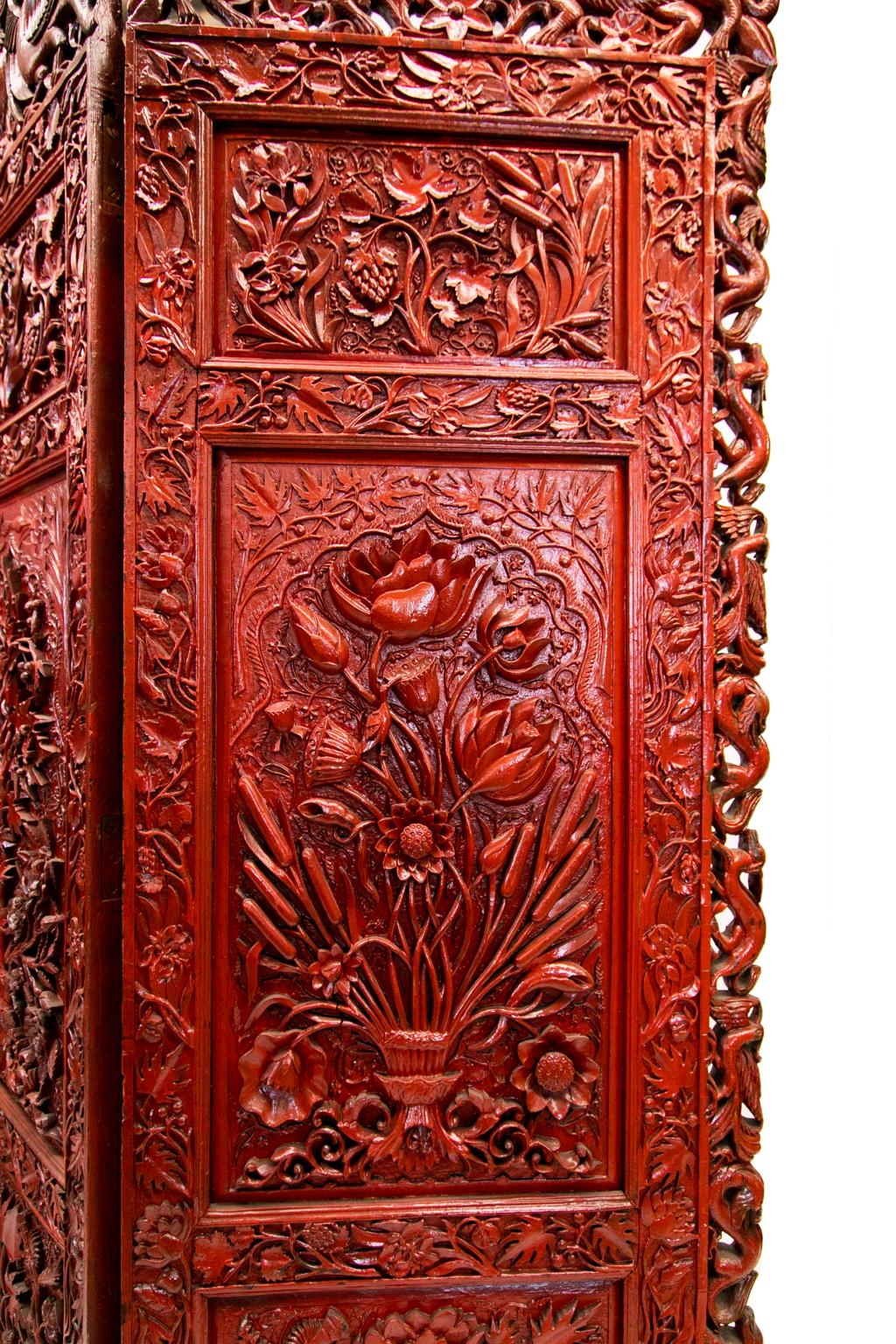 Chinese Carved Teakwood Red Lacquered Four Panel Screen 8