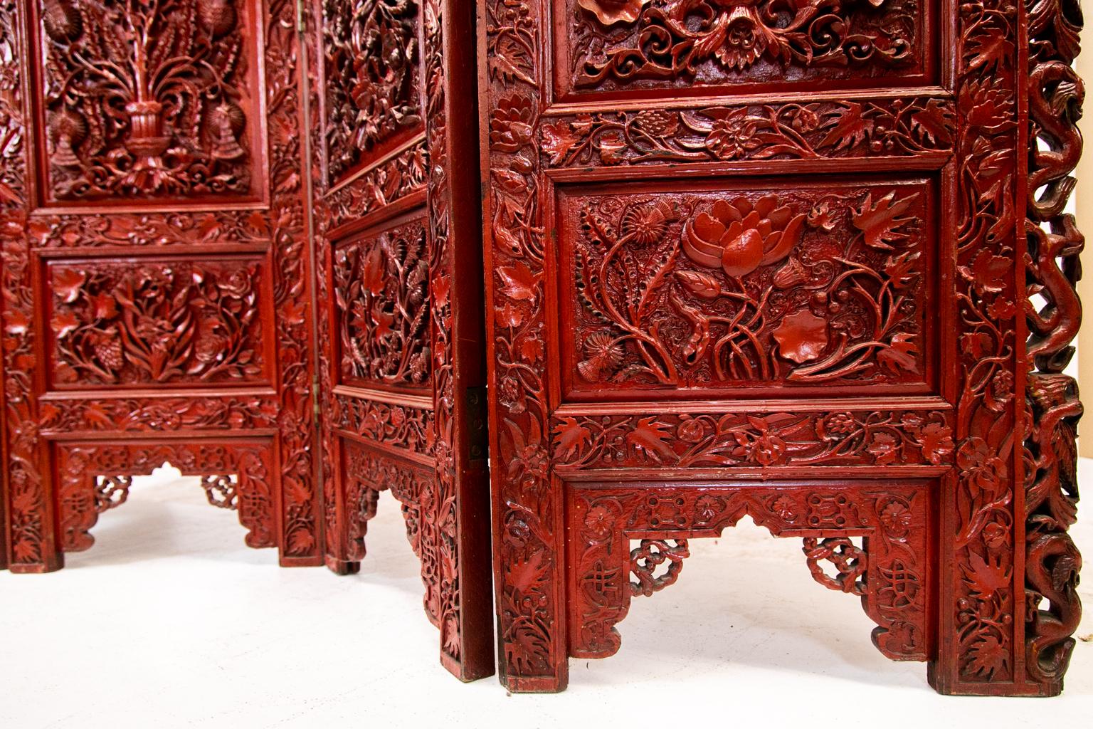 Chinese Carved Teakwood Red Lacquered Four Panel Screen 9