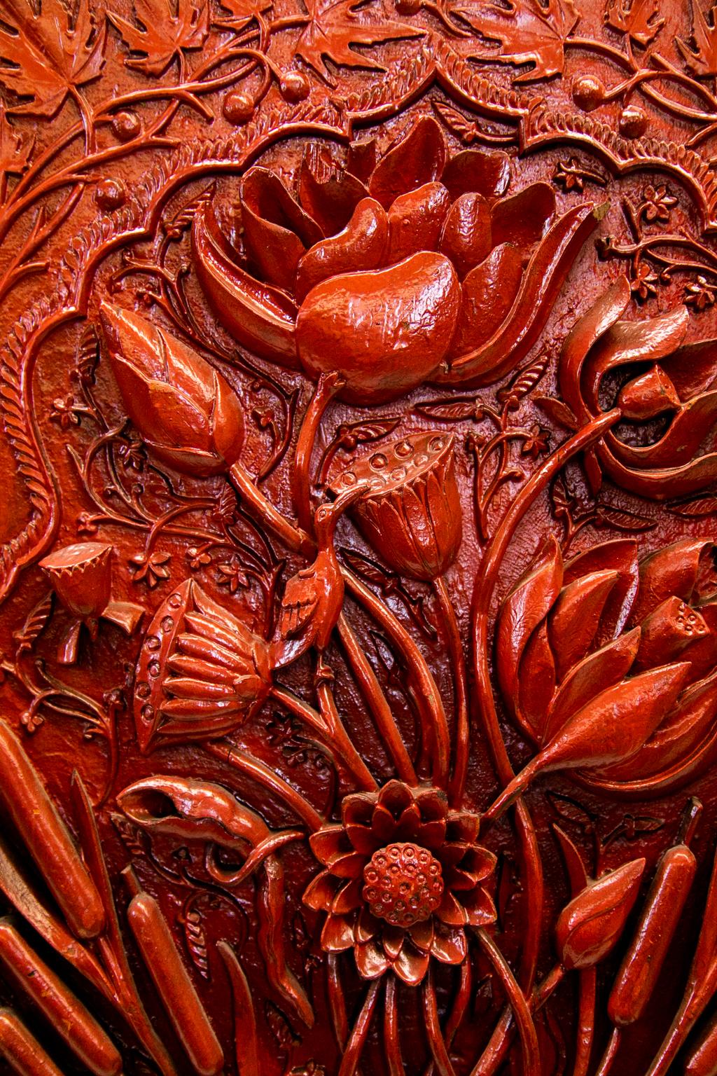 Chinese Carved Teakwood Red Lacquered Four Panel Screen 10