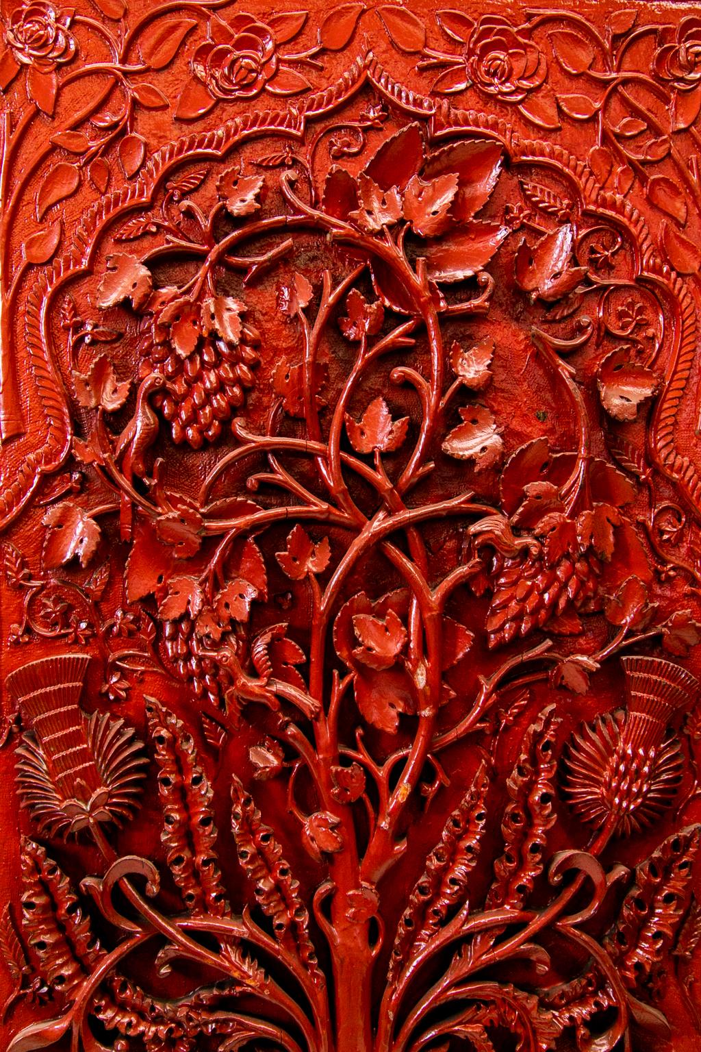 Chinese Carved Teakwood Red Lacquered Four Panel Screen 11