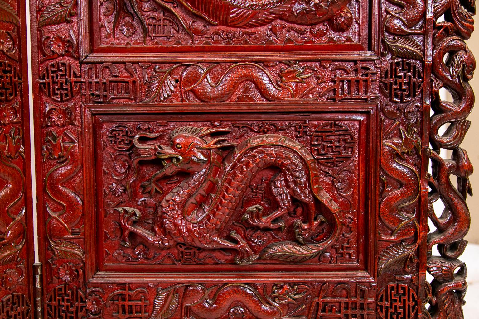 Hand-Carved Chinese Carved Teakwood Red Lacquered Four Panel Screen