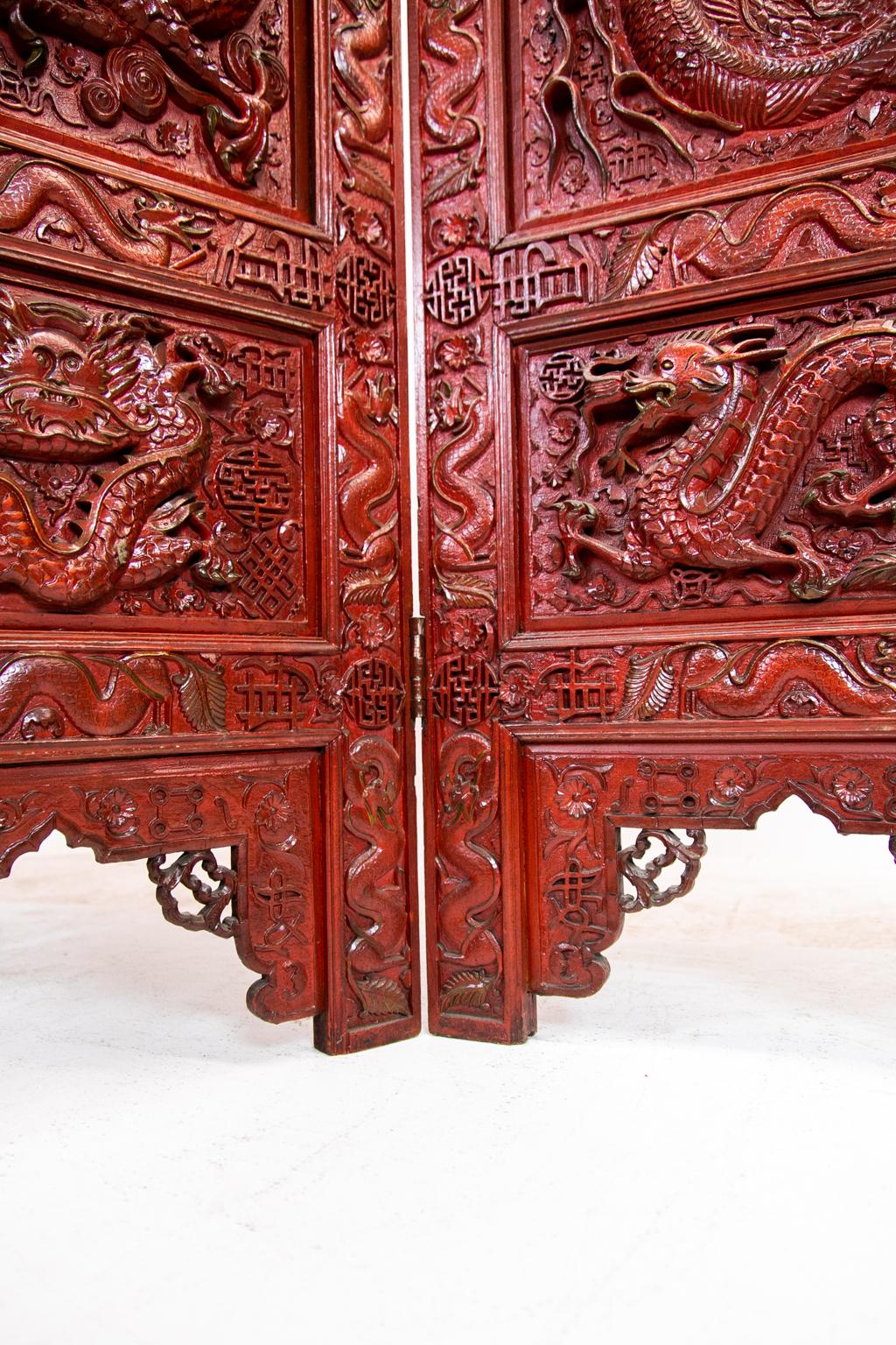 19th Century Chinese Carved Teakwood Red Lacquered Four Panel Screen