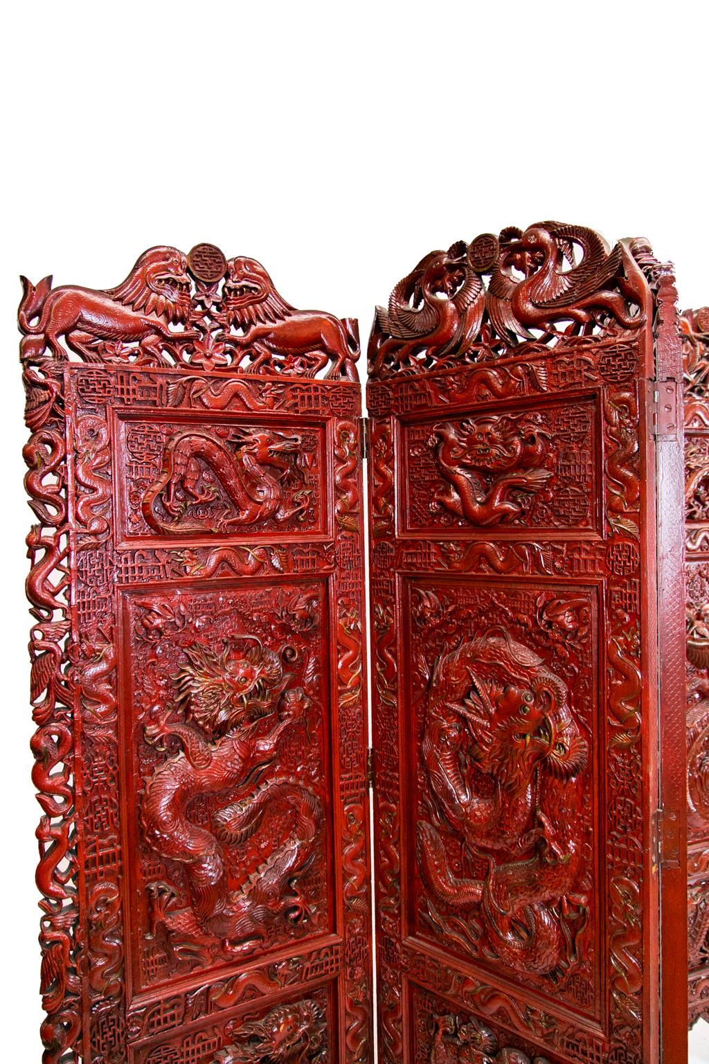 Wood Chinese Carved Teakwood Red Lacquered Four Panel Screen