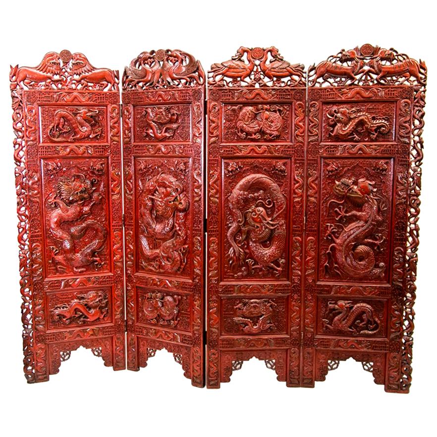 Chinese Carved Teakwood Red Lacquered Four Panel Screen