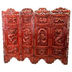 Antique Chinese Carved Teakwood Red Lacquered Four Panel Screen