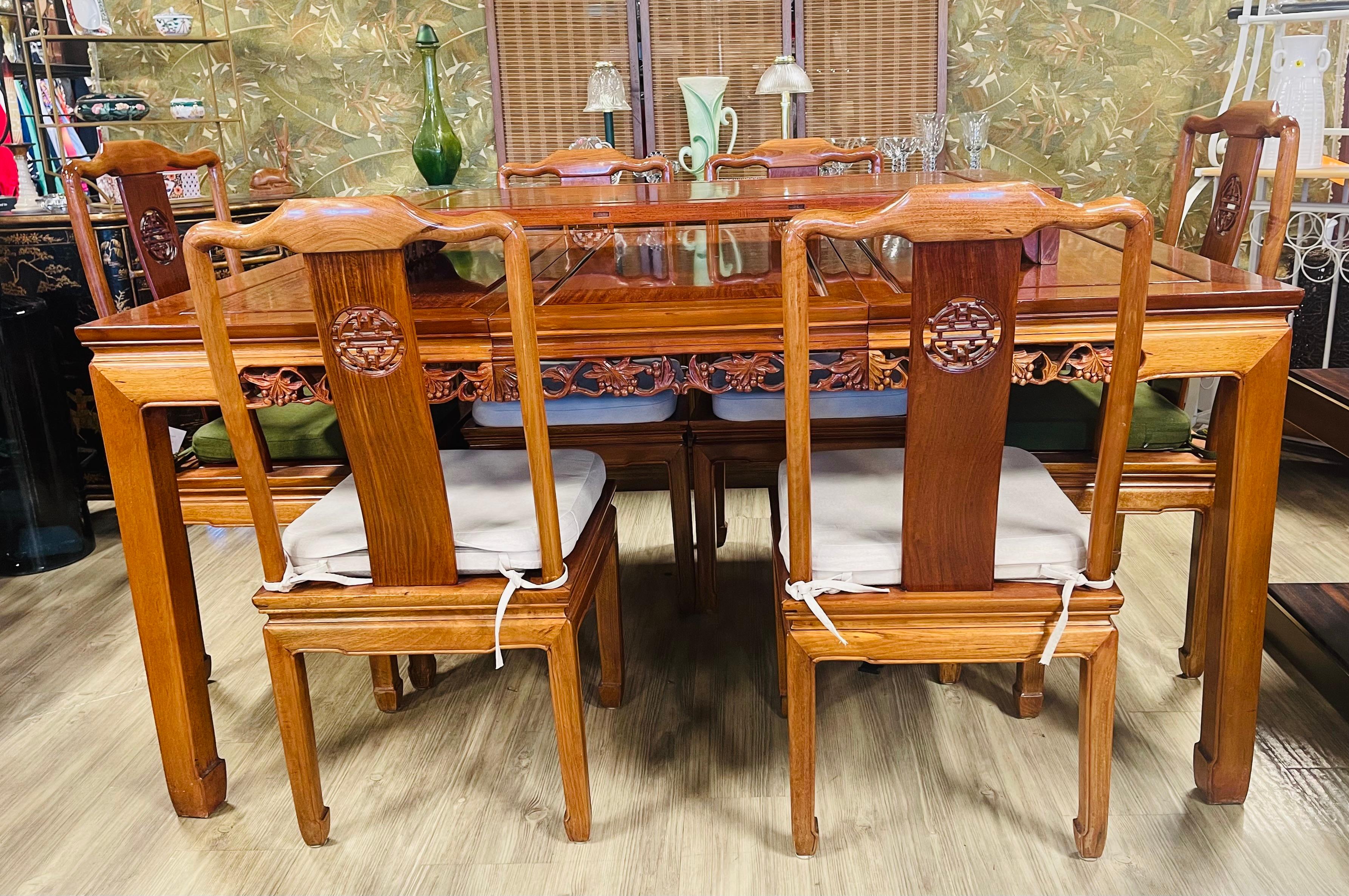 Teck sculpté chinois  Wood Dining Set 7 pcs Extendable en vente 5
