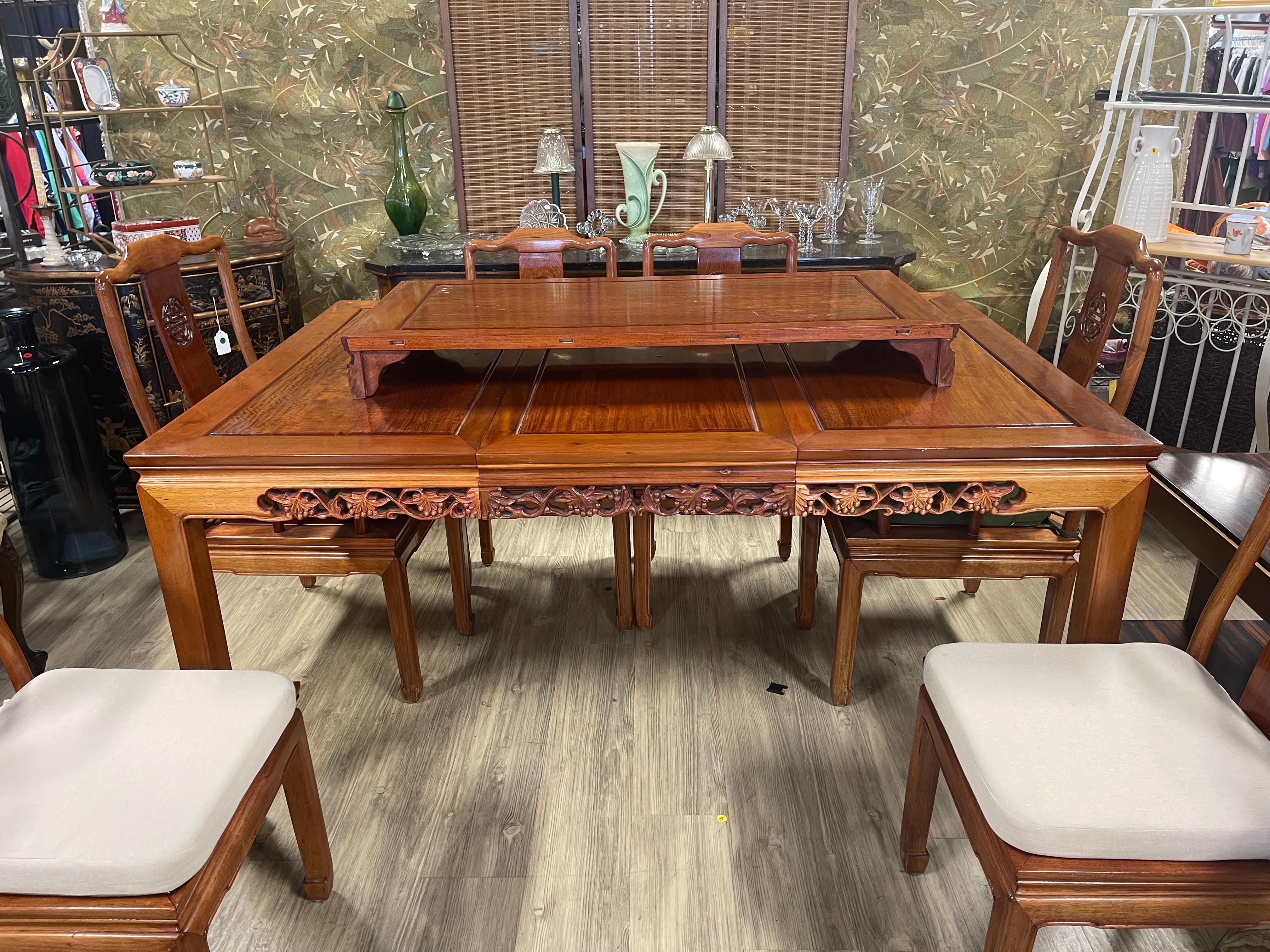 Teck sculpté chinois  Wood Dining Set 7 pcs Extendable en vente 9
