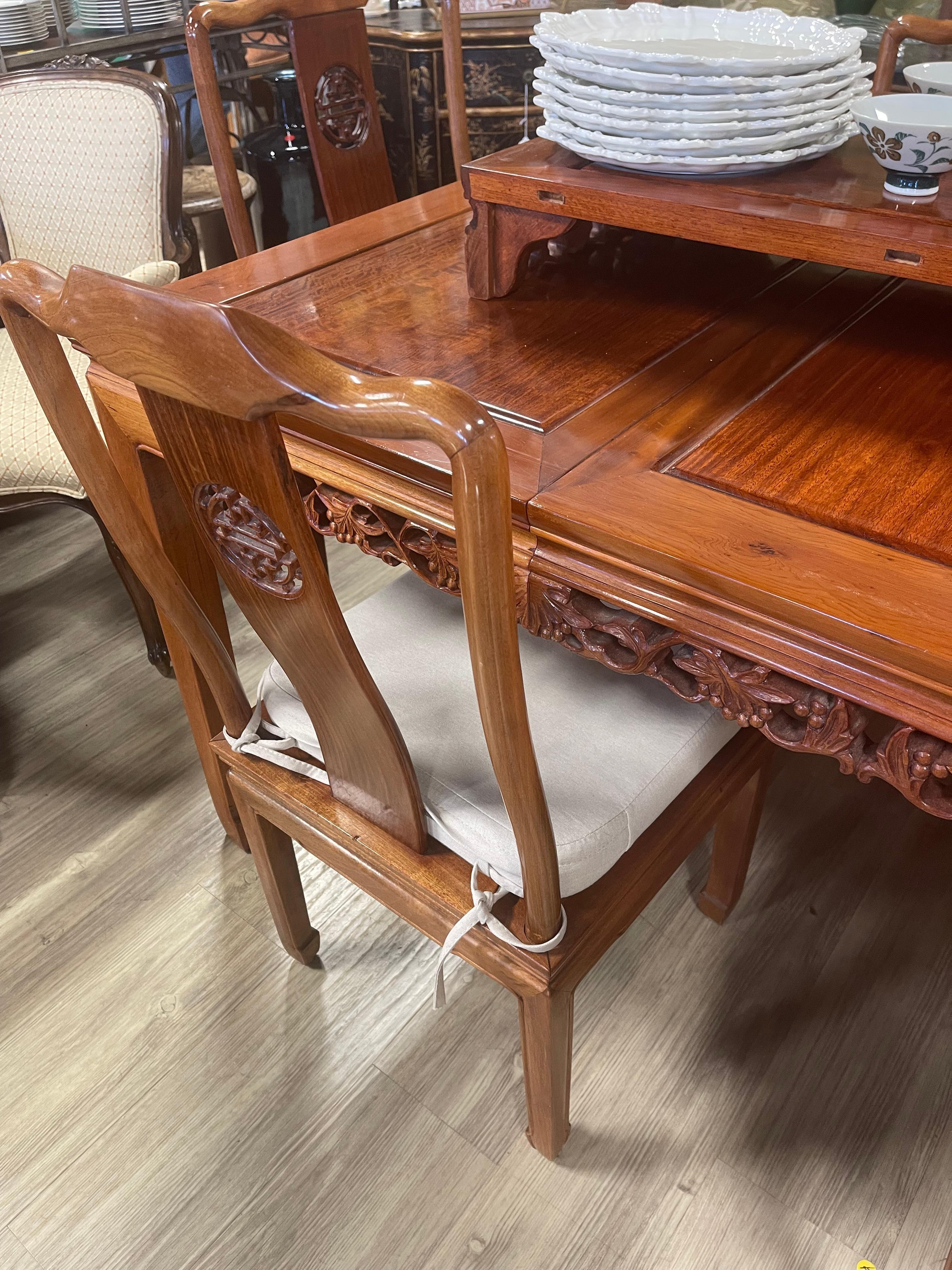 Teck sculpté chinois  Wood Dining Set 7 pcs Extendable en vente 2