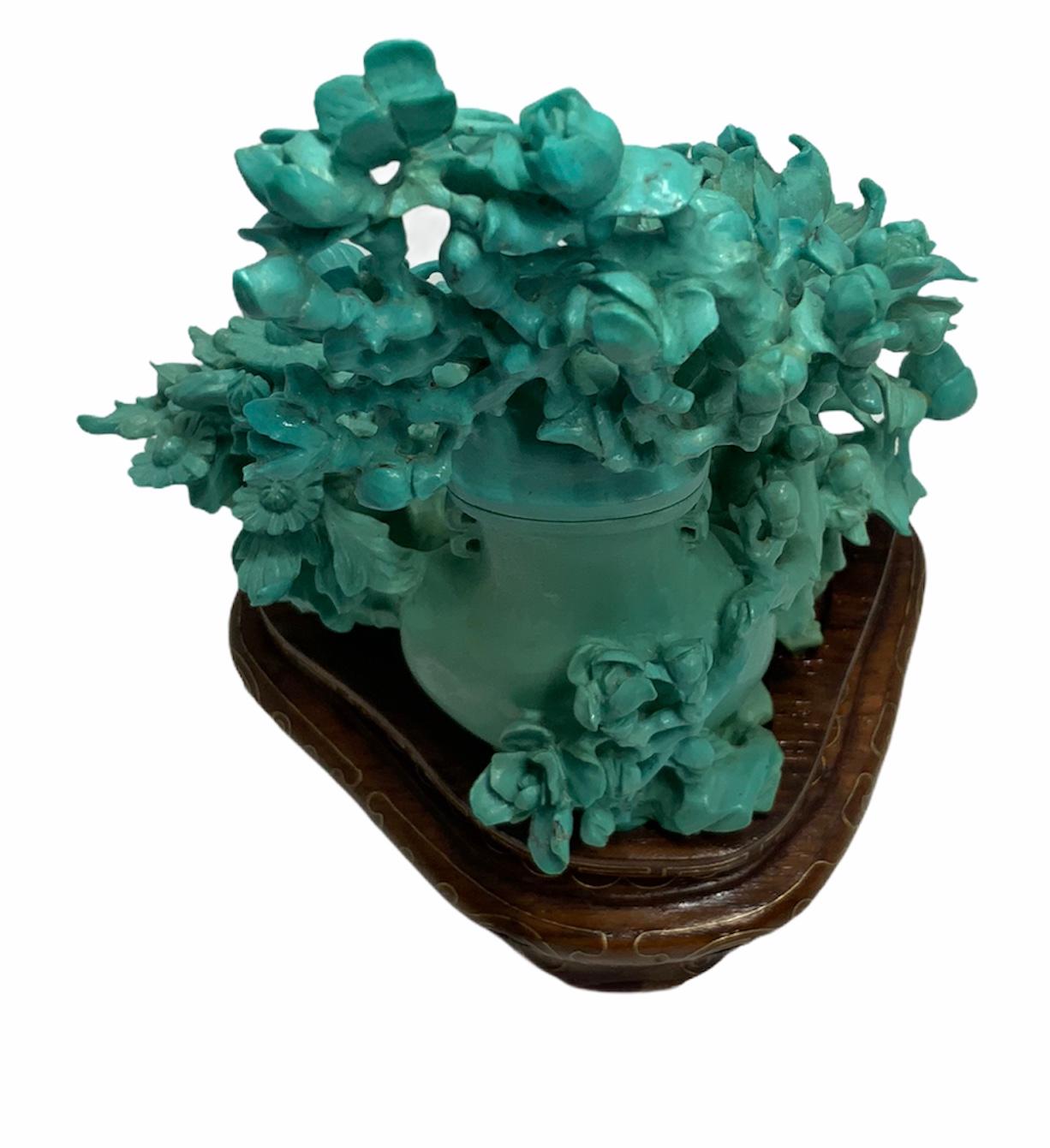 Chinese Export Chinese Carved Turquoise Vase and Flowers Table Decor