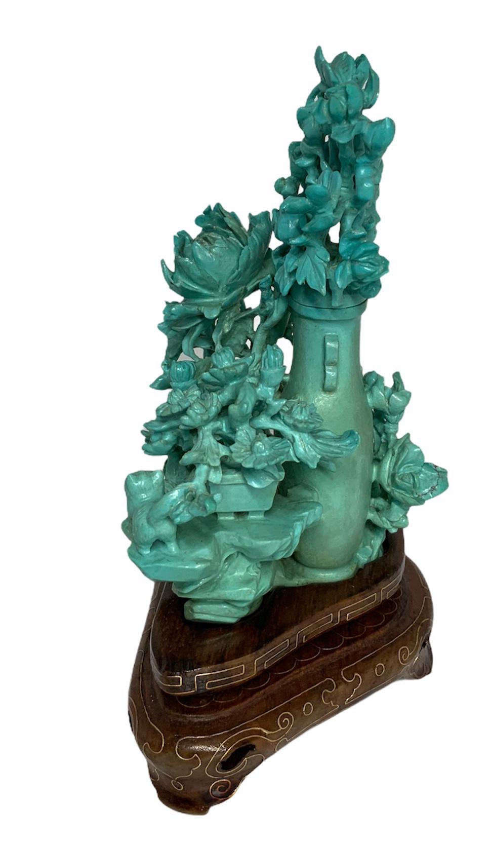 Hand-Carved Chinese Carved Turquoise Vase and Flowers Table Decor