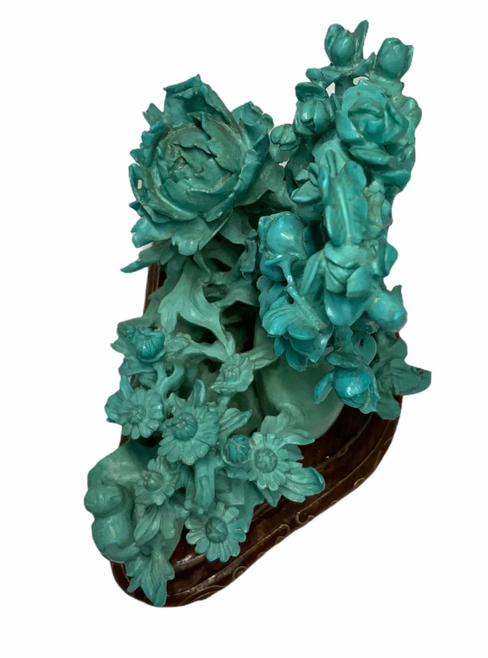 20th Century Chinese Carved Turquoise Vase and Flowers Table Decor