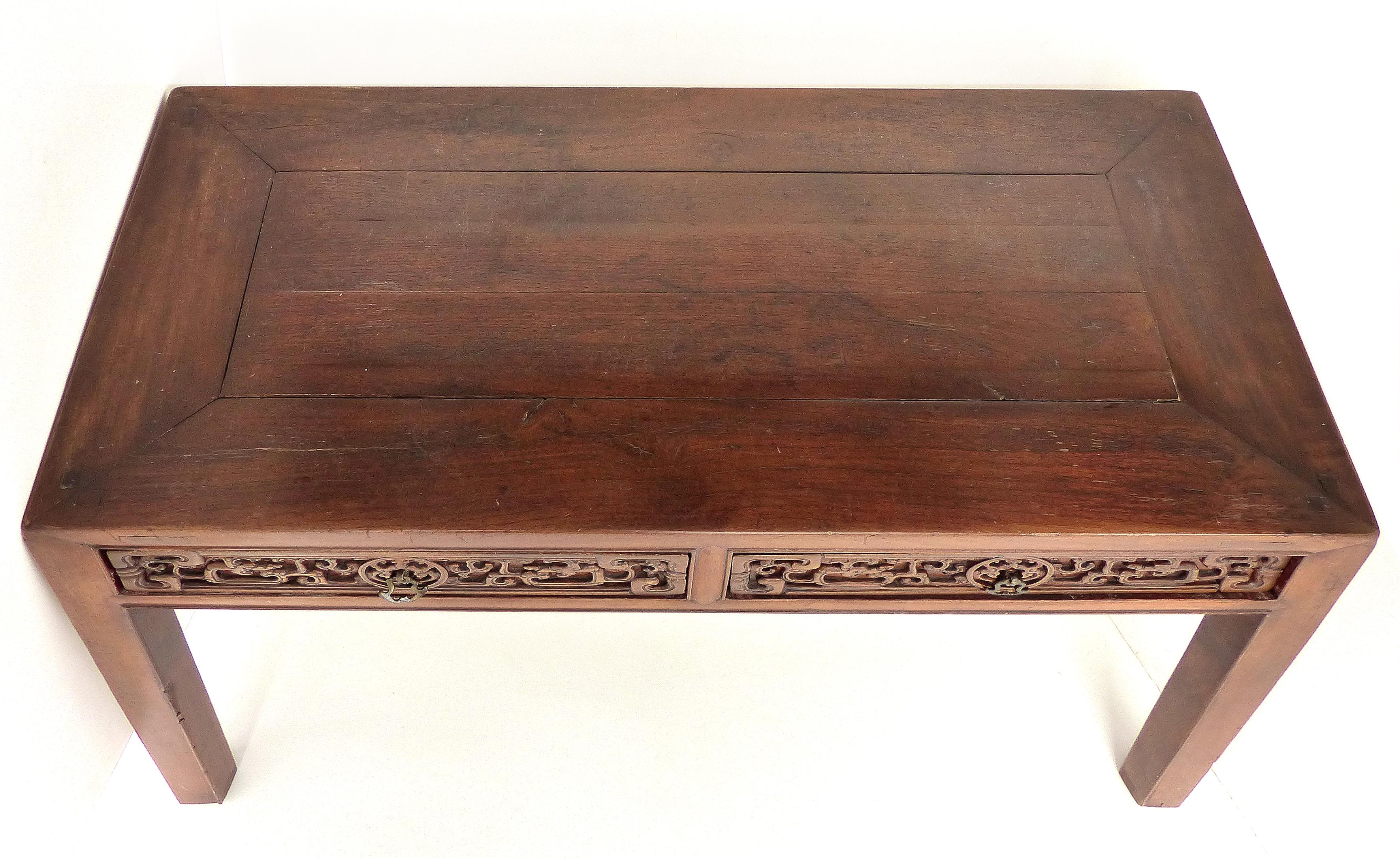 Chinoiserie Chinese Carved Two-Drawer Console Table with Carved Apron